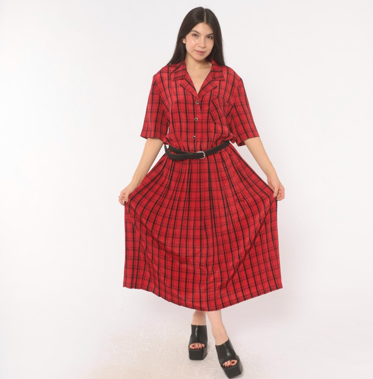 80s Leslie Fay Plaid Shirtdress Red Black Tartan Midi Pleated Medium Large