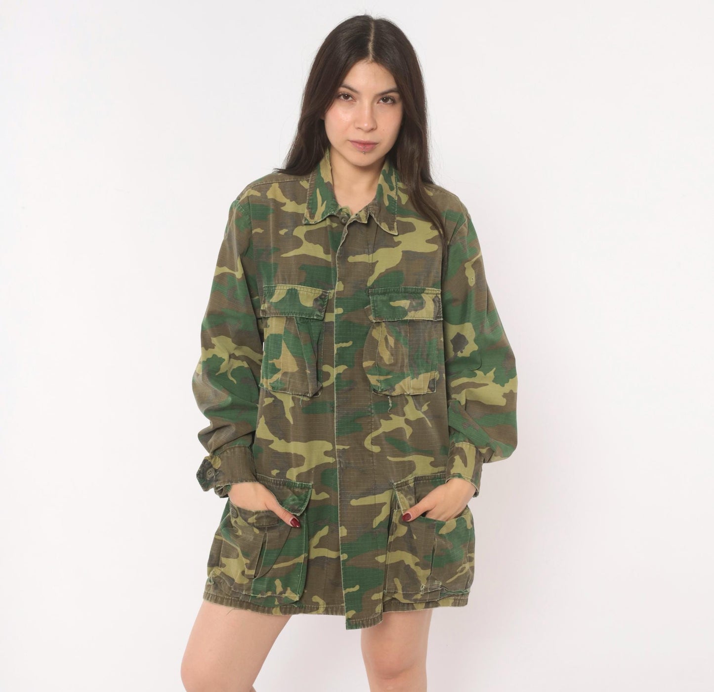 90s Woodland Camouflage Field Jacket Cotton Button Front Medium
