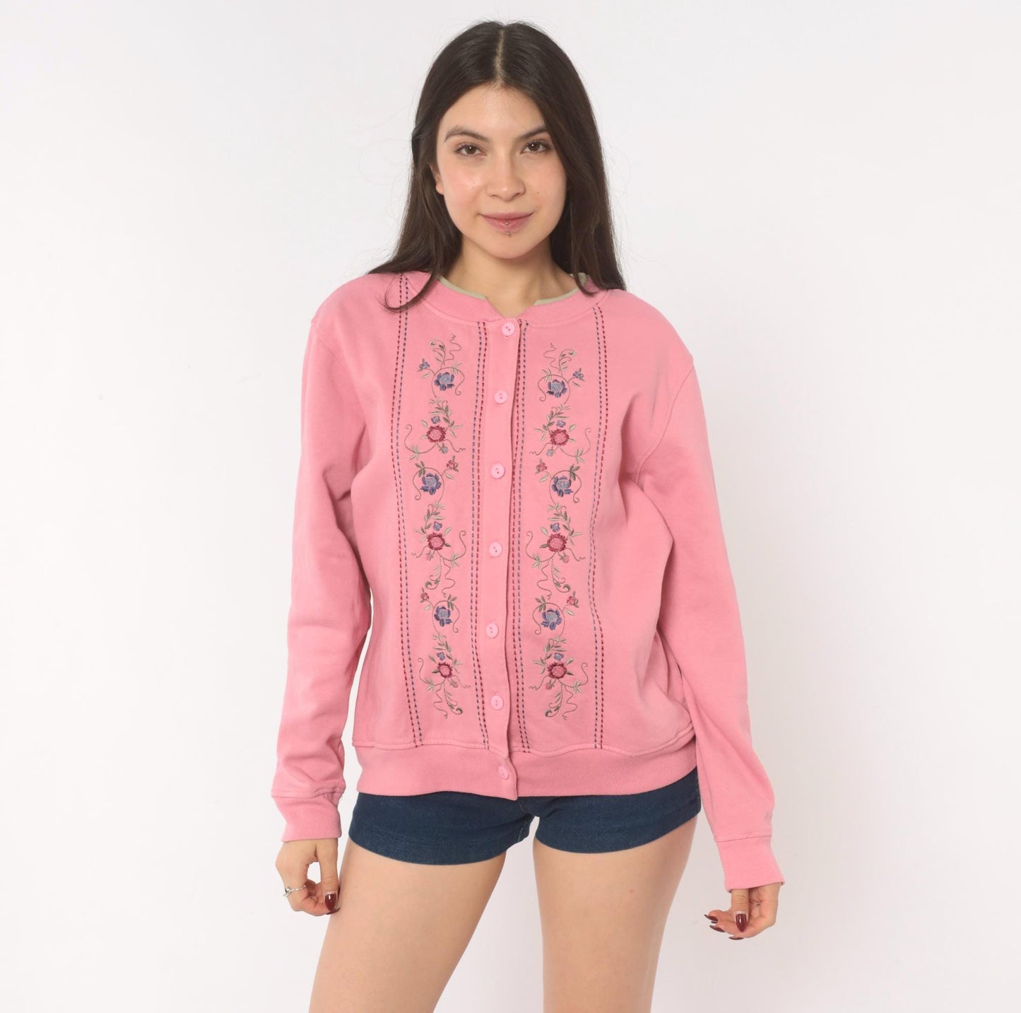 90s Shenanigans Floral Embroidered Cardigan Pink Cotton Button Front Medium