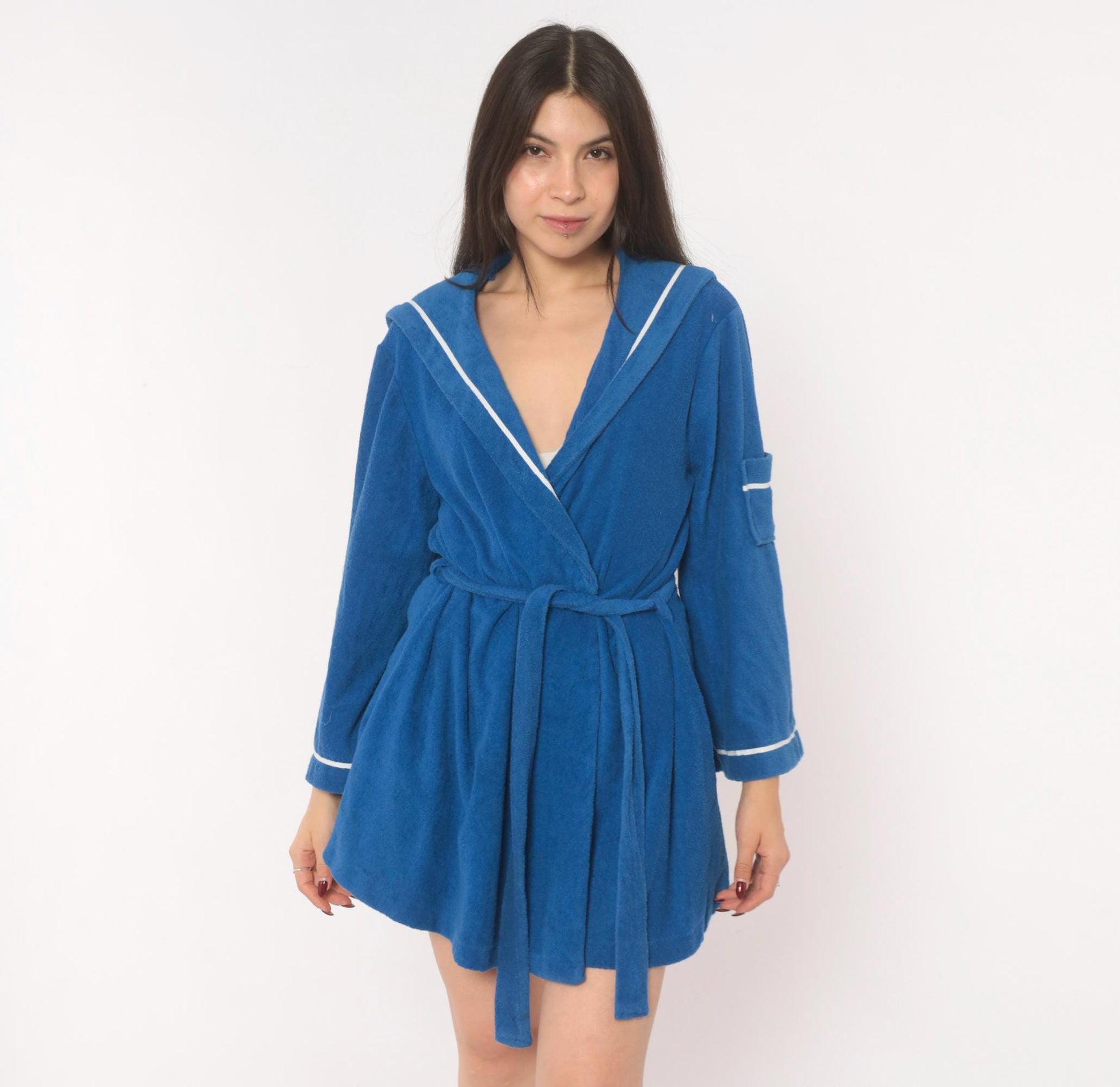 70s Deena Blue Terry Cloth Robe Sailor Collar White Piping Mini Medium M
