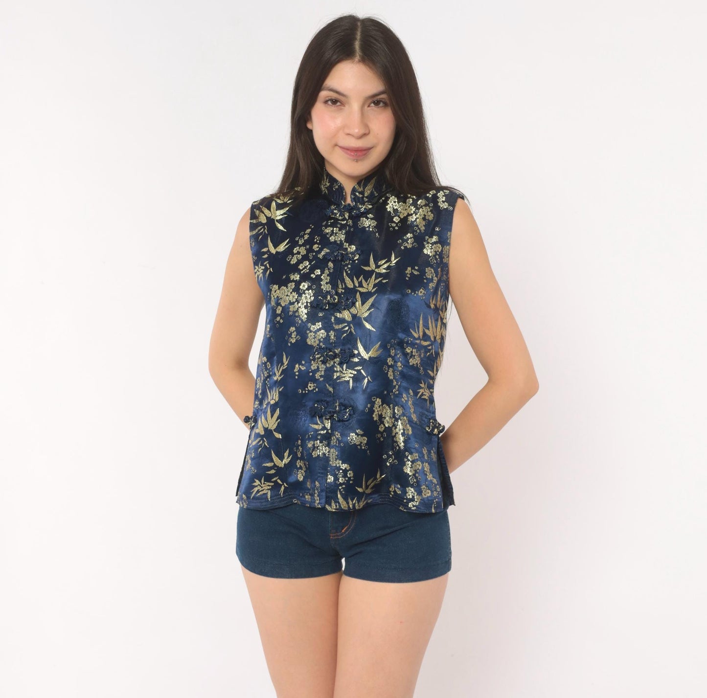 90s Navy Silk Cheongsam Vest Gold Bamboo Brocade Mandarin Collar Small S