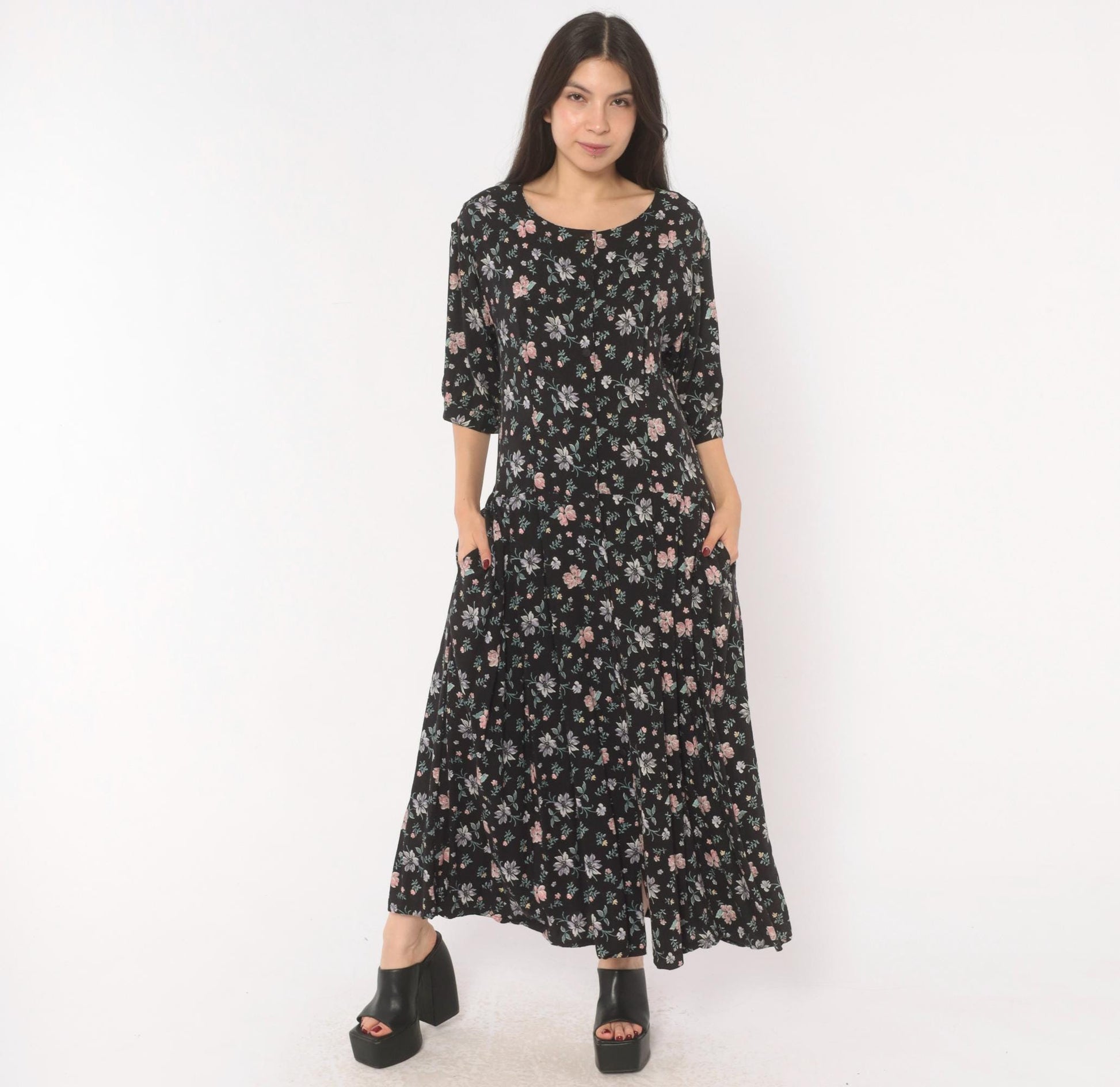 Y2K Putumayo Black Floral Maxi Dress Pink Lavender Button Front Large L