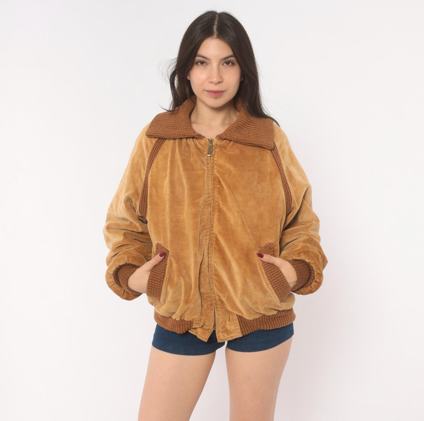 70s Corduroy Bomber Jacket Tan Raglan Knit Collar Zip Front Medium