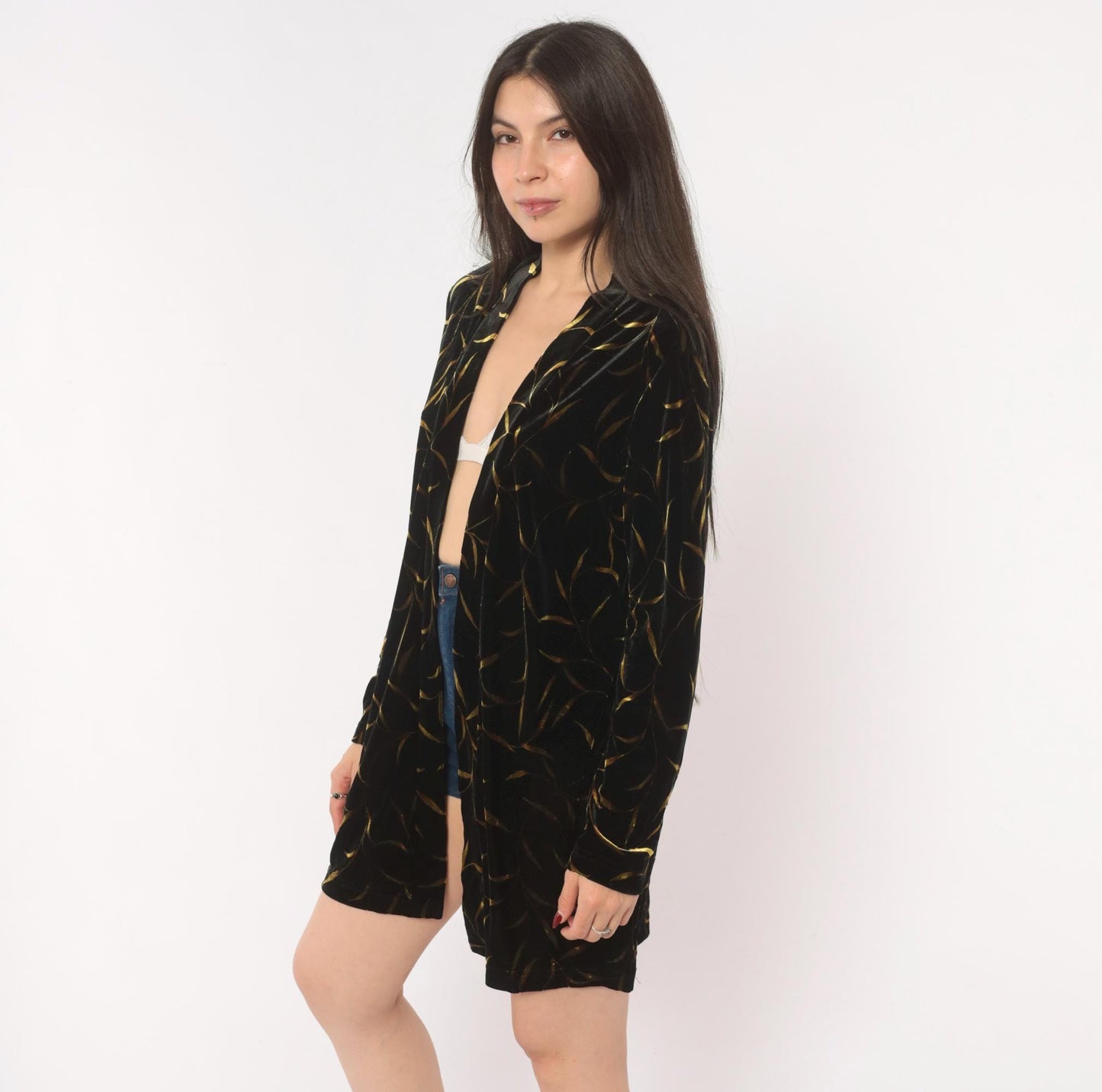 90s Ronni Nicole Black Velvet Duster Gold Leaf Botanical Print Shawl Collar Small Medium