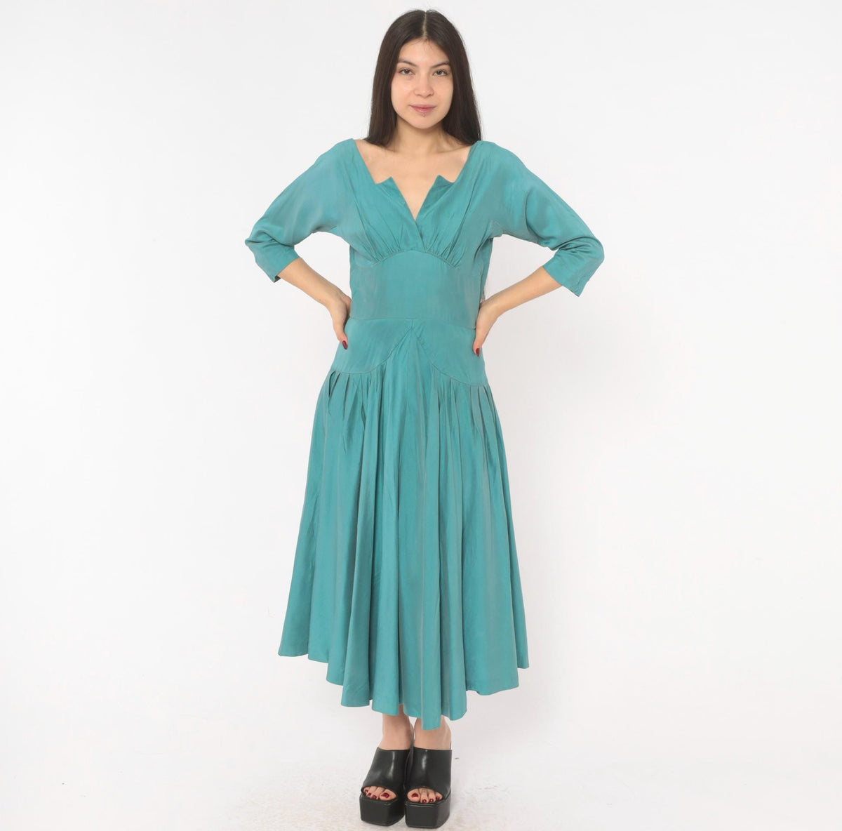 1940s Teal Dress V-Neck Three Quarter Sleeve Drop Waist Midi Small S