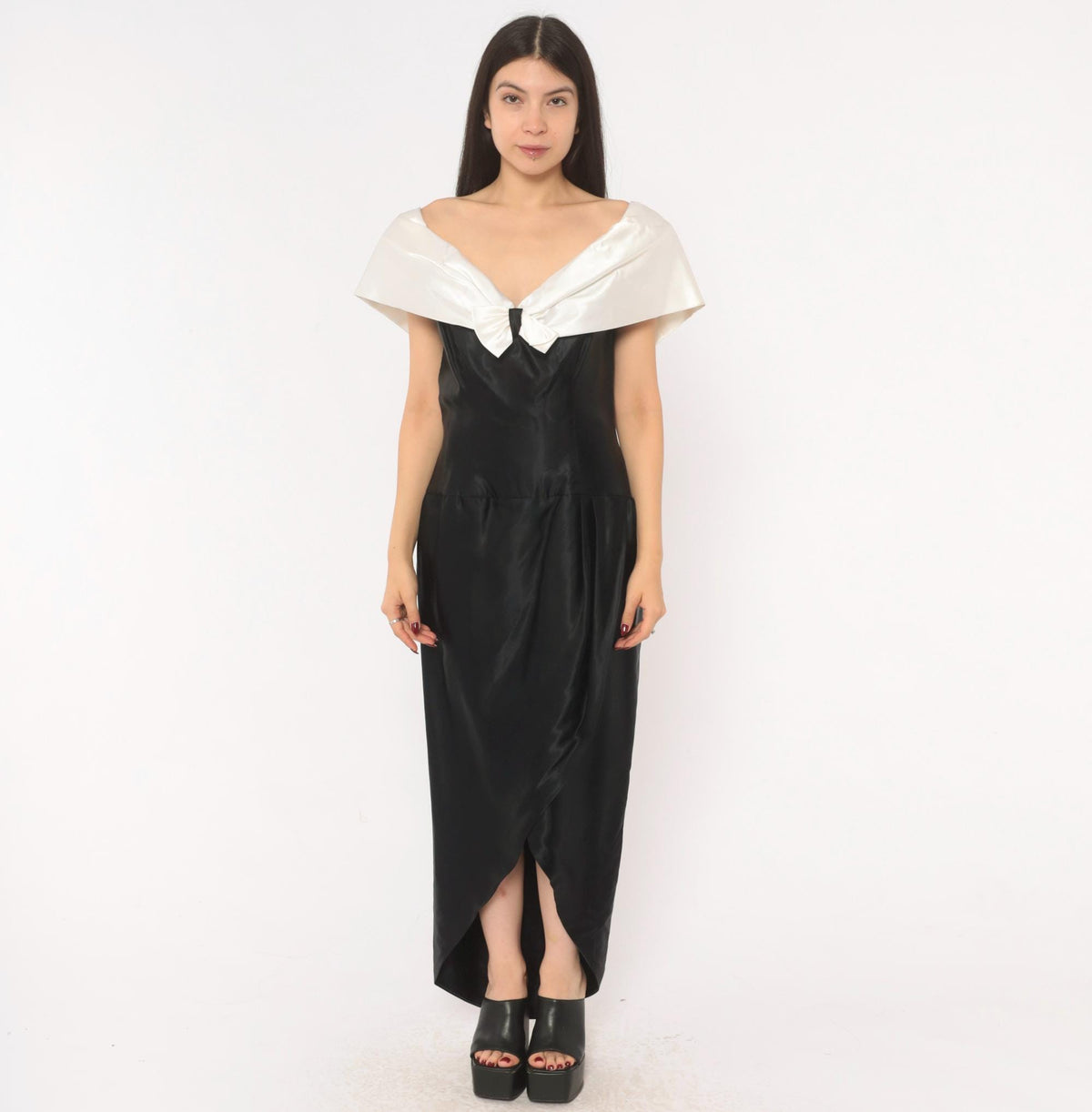 90s Black Satin Maxi Gown White Bow Off-Shoulder V-Neck Cap Sleeve Medium
