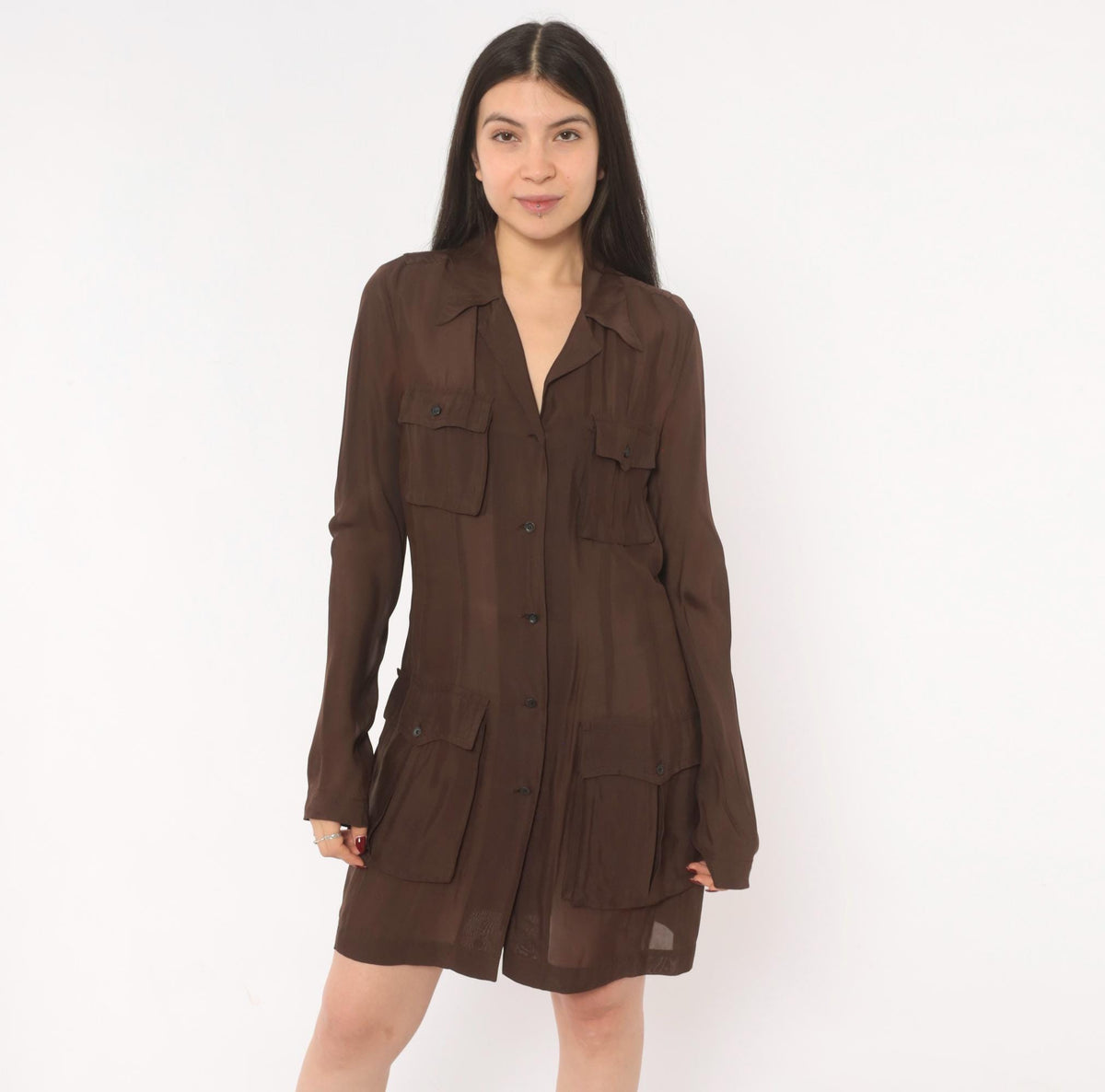 90s Dries Van Noten Silk Shirt Dress Brown Sheer Safari Utility Pocket Small
