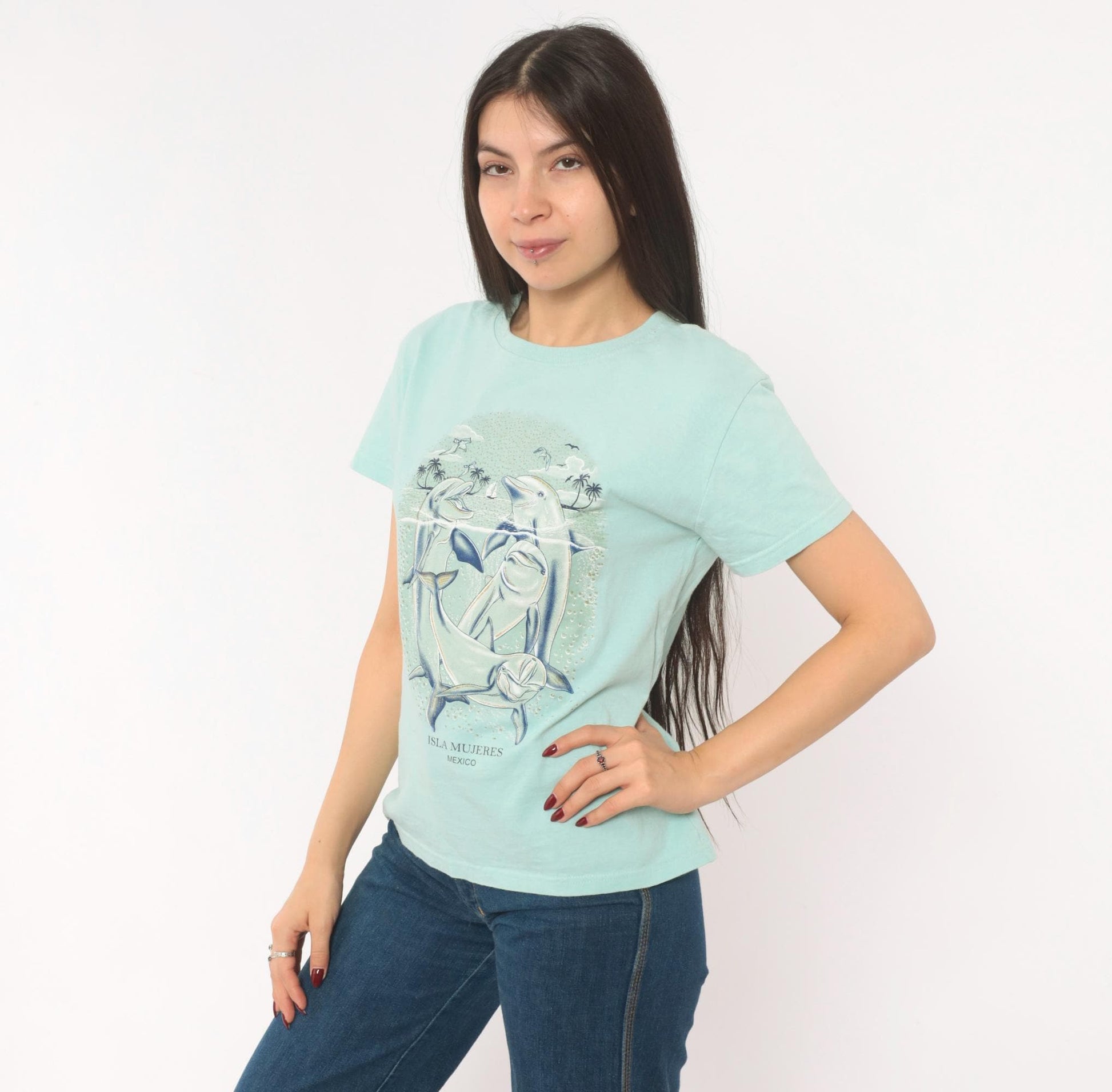 00s Yazbek Dolphin Isla Mujeres Mexico Graphic Tee Mint Green Large L
