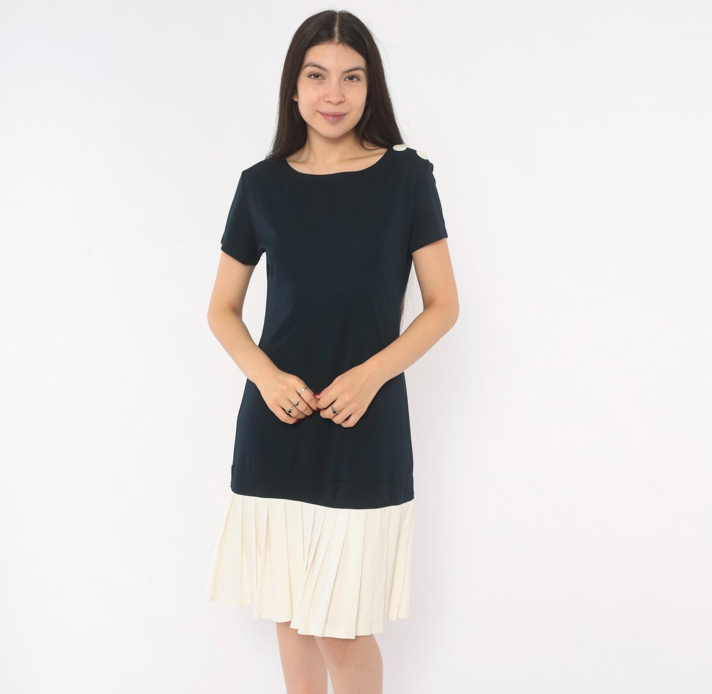 90s Robbie Bee Drop Waist Dress Navy Cream Pleated Colorblock Small