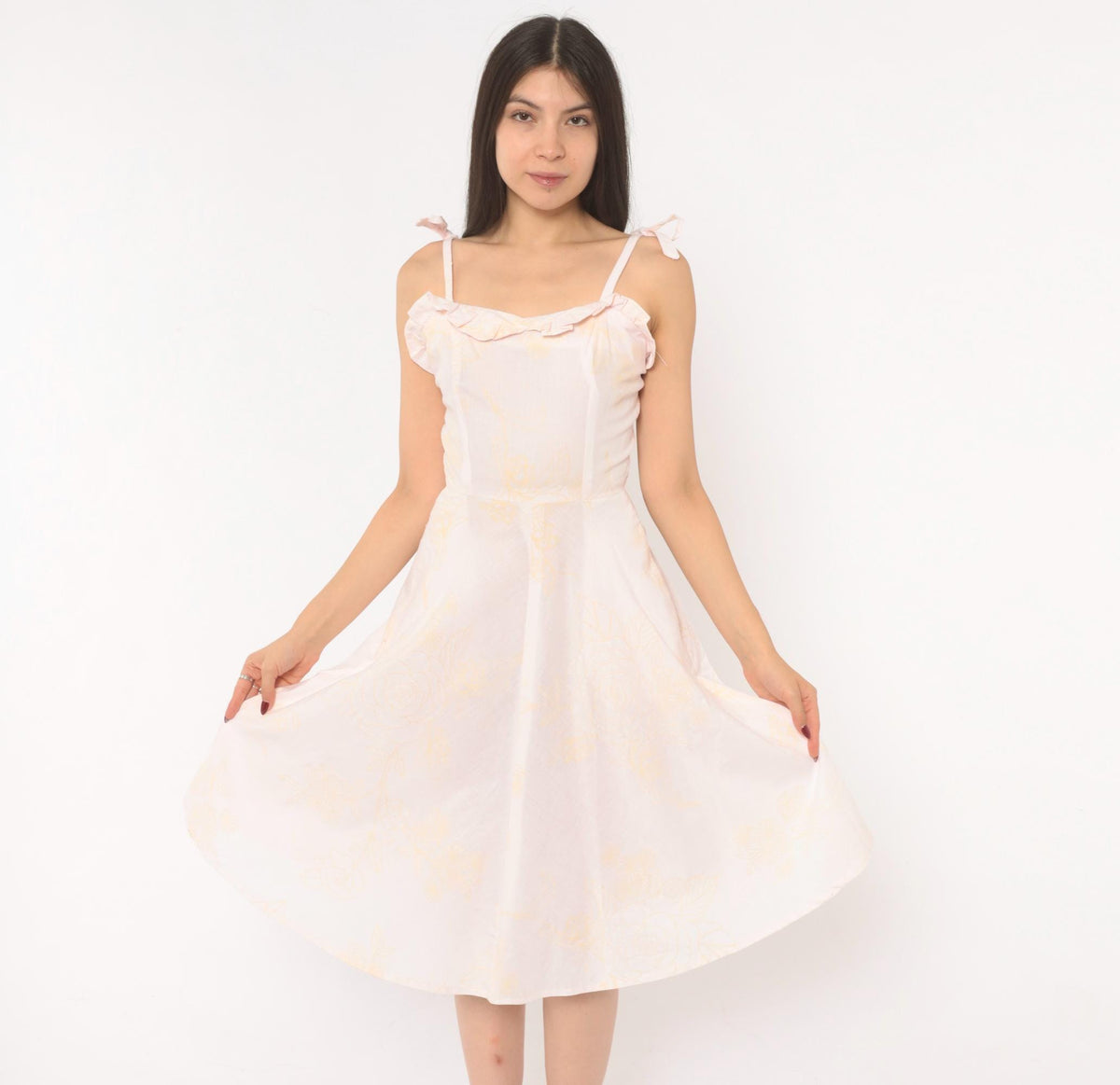 80s Blush Pink Floral Sundress Sweetheart Neckline Ruffle Tie Straps Extra Small XS
