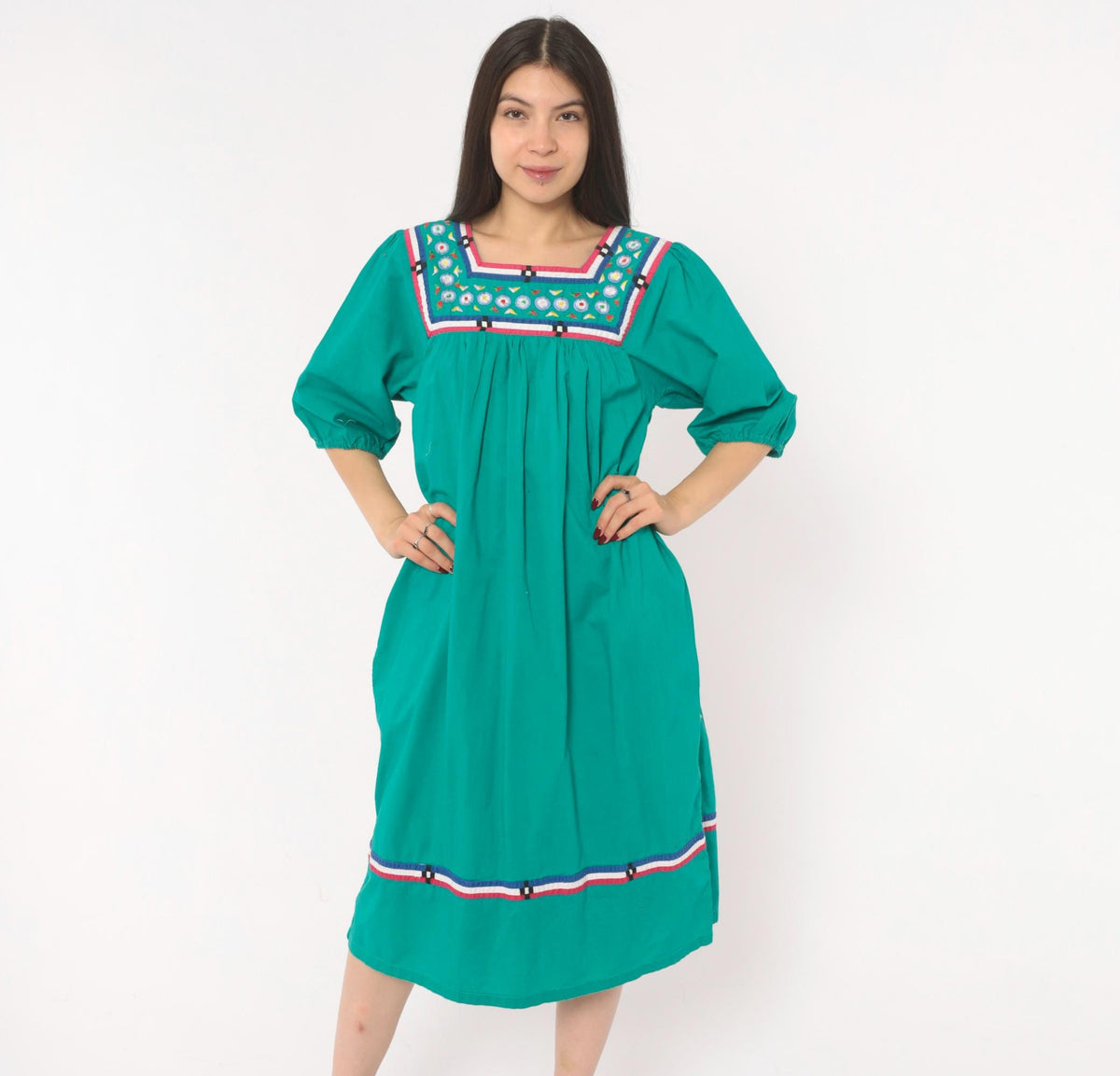 80s Naqui Teal Cotton Dress Embroidered Floral Yoke Puff Sleeve Small S