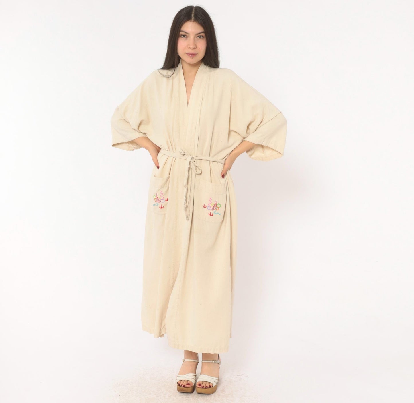 80s Health Silk Kimono Robe Dragon Embroidered Cream Midi Extra Large