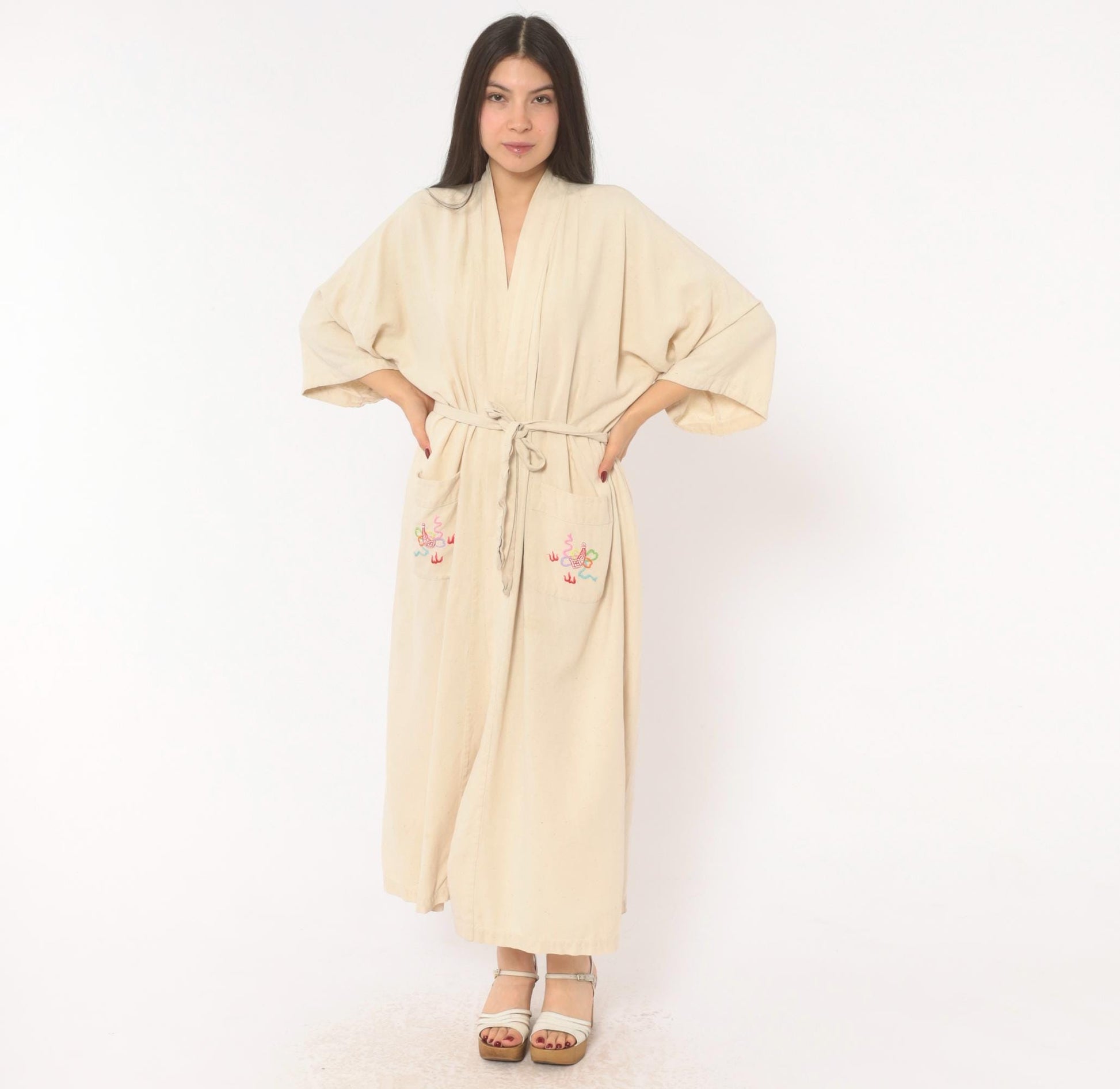 80s Health Silk Kimono Robe Dragon Embroidered Cream Midi Extra Large