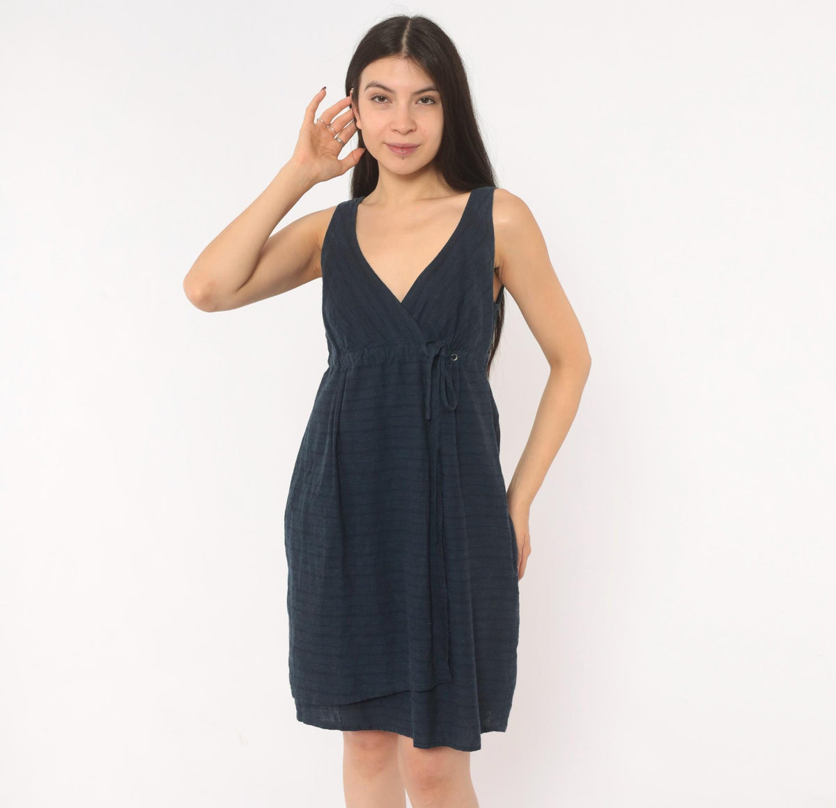 2000s Patagonia Hemp Wrap Dress Navy V-Neck A-Line Mini Small S