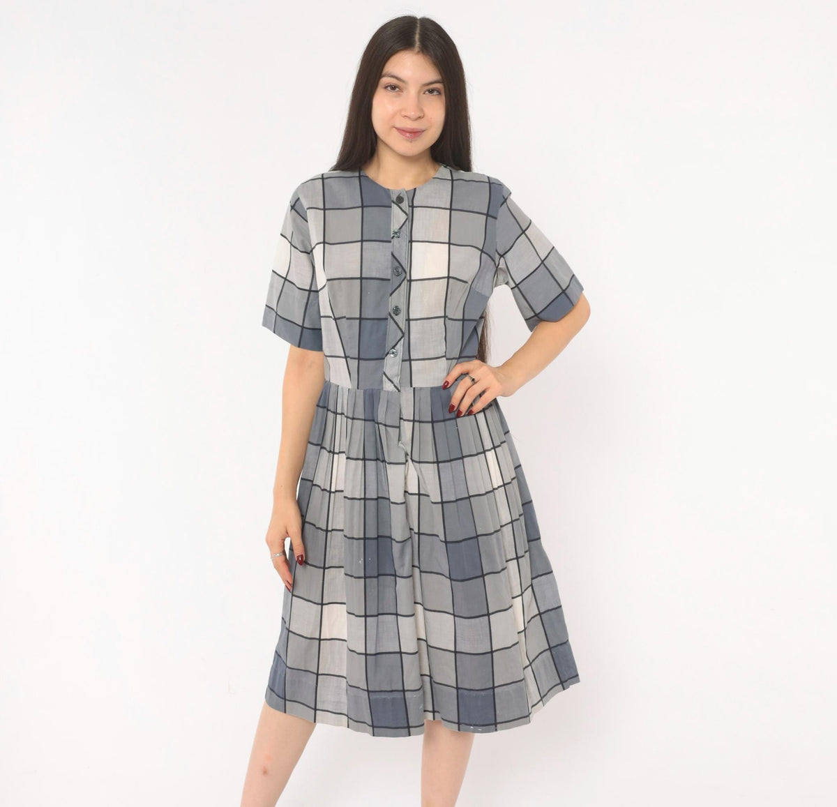 80s Windowpane Plaid Cotton Midi Dress Grey Blue Button Front Medium
