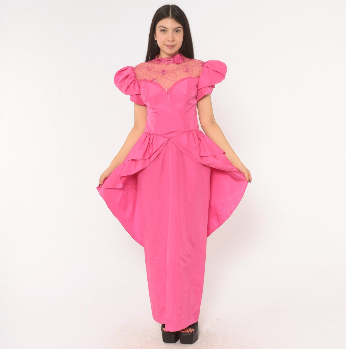 80s Eve Of Milady Hot Pink Maxi Gown Puff Sleeve Peplum Lace Bodice Small