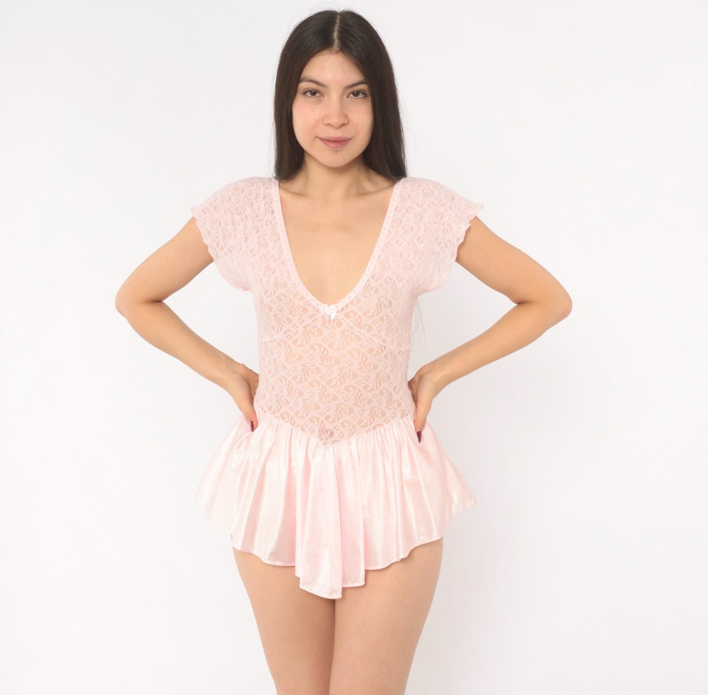 90s Cinema Etoile Pink Lace Babydoll Top Flutter Sleeve Bow Small S
