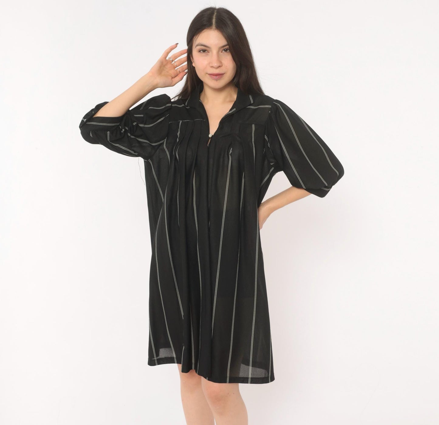 70s Black Pinstripe Shirt Dress Knee-Length Collared Button Front Medium
