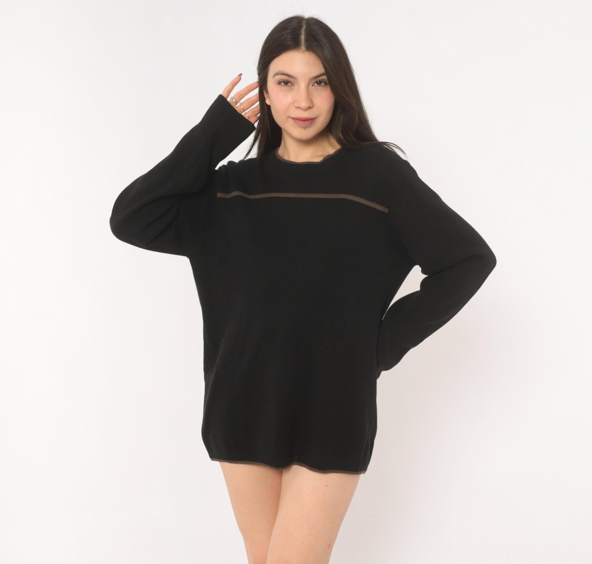 90s Reunion Black Knit Sweater Tan Stripe Crewneck Medium