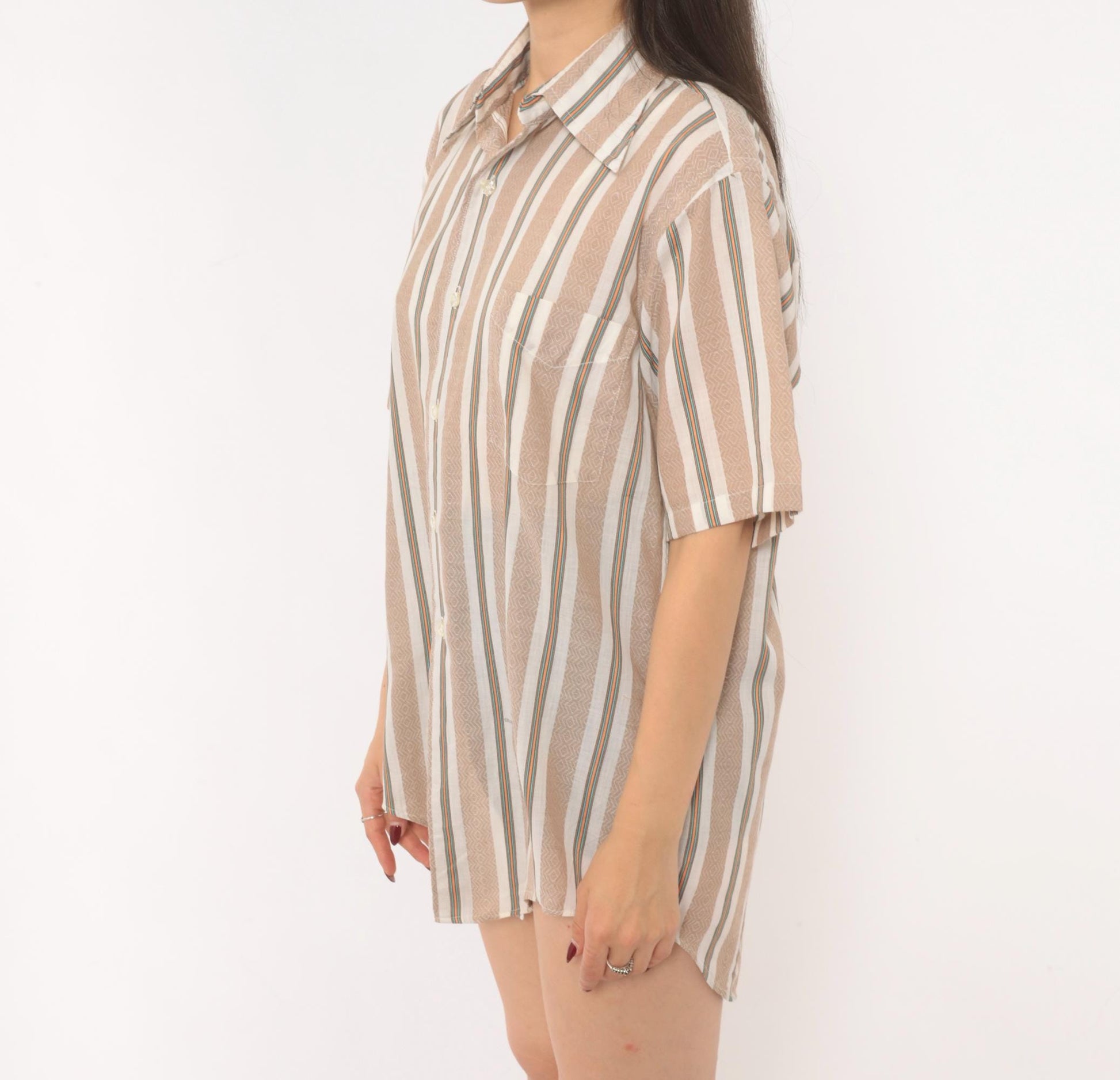 70s Donross Striped Button Up Shirt Cream Tan Teal Orange Camp Collar Medium