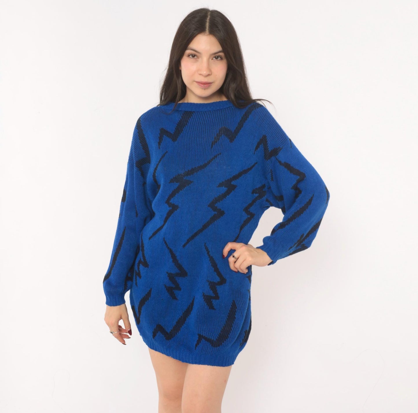 80s Cobalt Blue Lightning Bolt Knit Pullover Black Zigzag Crewneck Medium