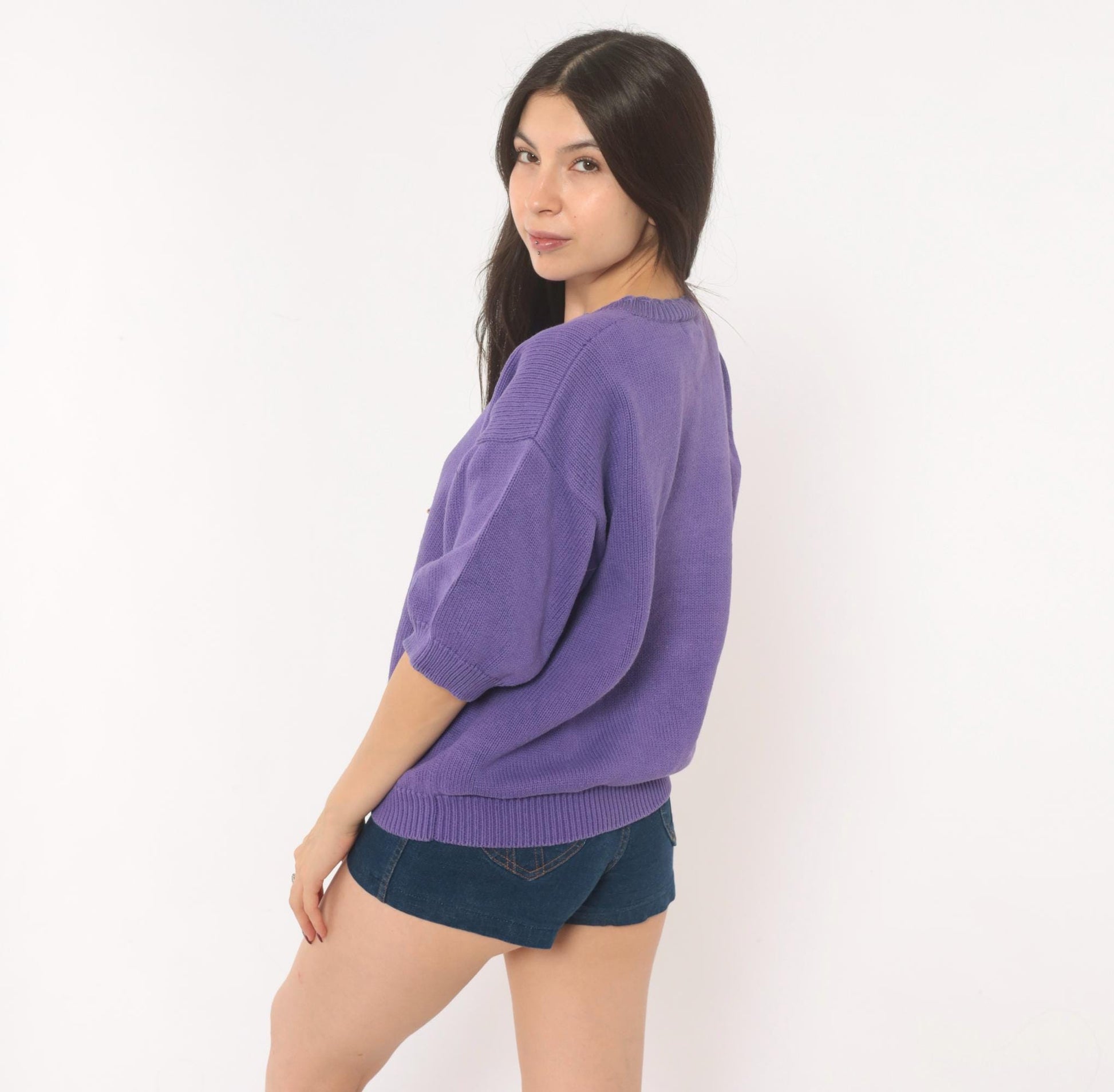 80s Koret Francisca Purple Floral Embroidered Henley Sweater Cotton Medium M