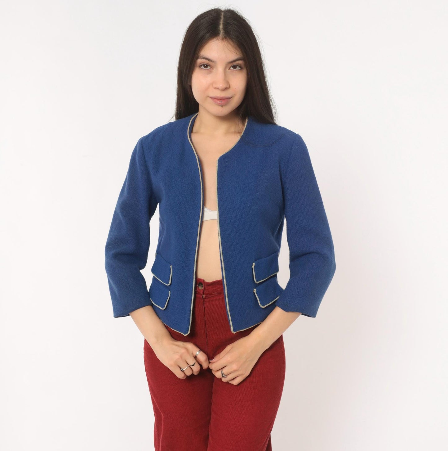 60s Cobalt Wool Blazer Cropped Jacket Cream Piping Three Quarter Sleeve Small S