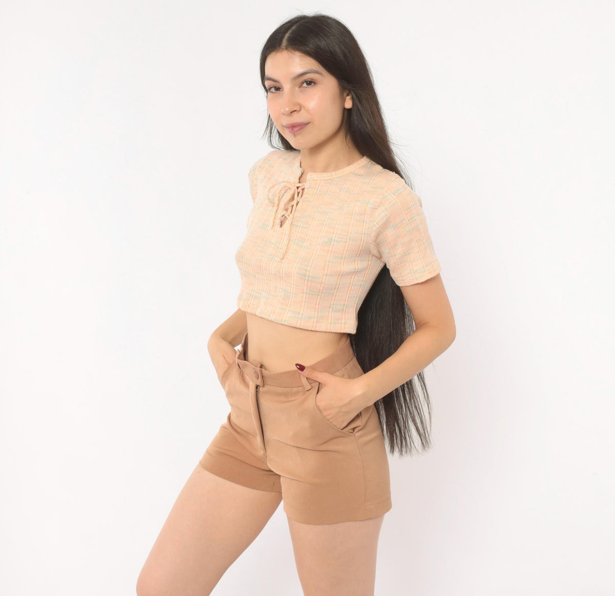 00s Tan Tailored Shorts High Waist Button Front Cuffed Hem Small S