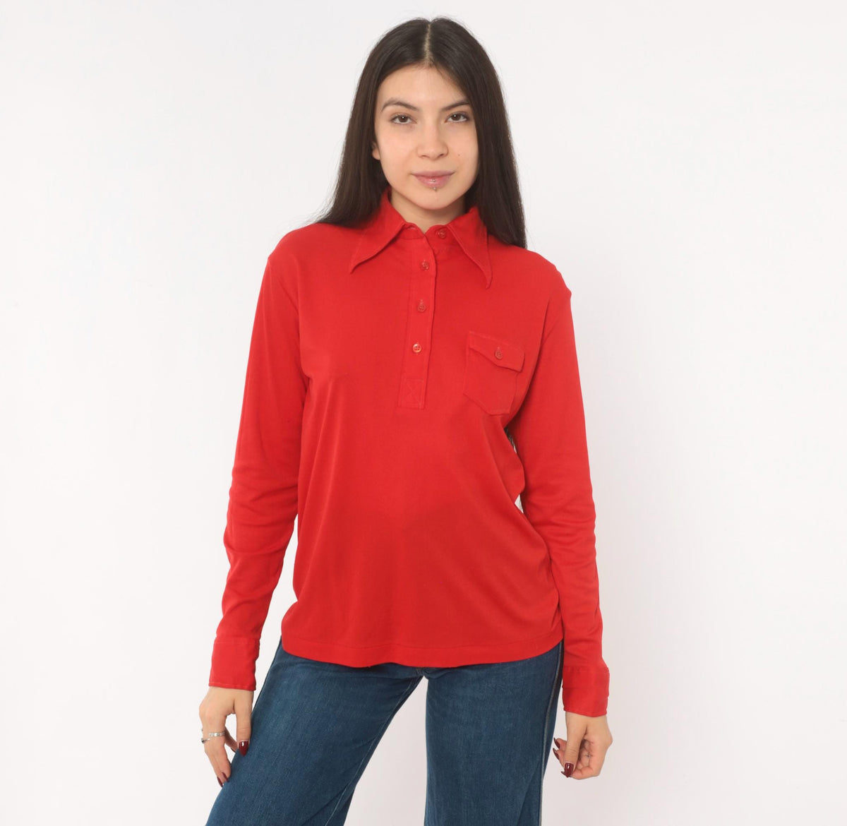 70s K Mart Red Polo Shirt Pointed Collar Long Sleeve Chest Pocket Medium