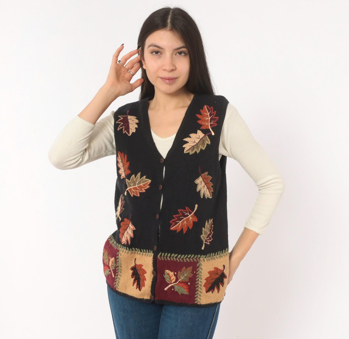 90s Black Knit Vest Autumn Leaves Appliqué Button Front Patchwork Medium M
