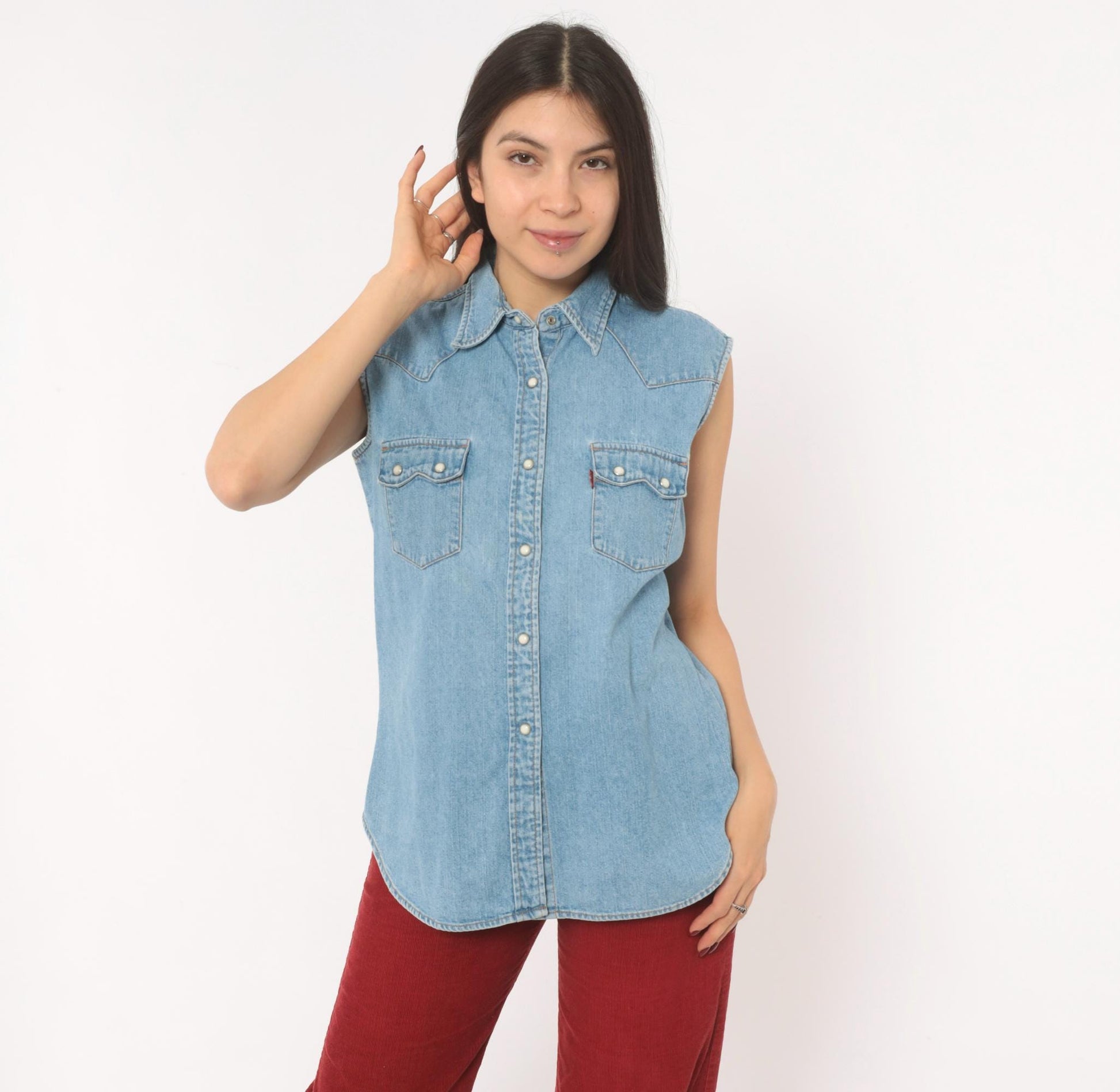 2000s Levi's Red Tab Denim Western Vest Light Wash Pearl Snap Medium M