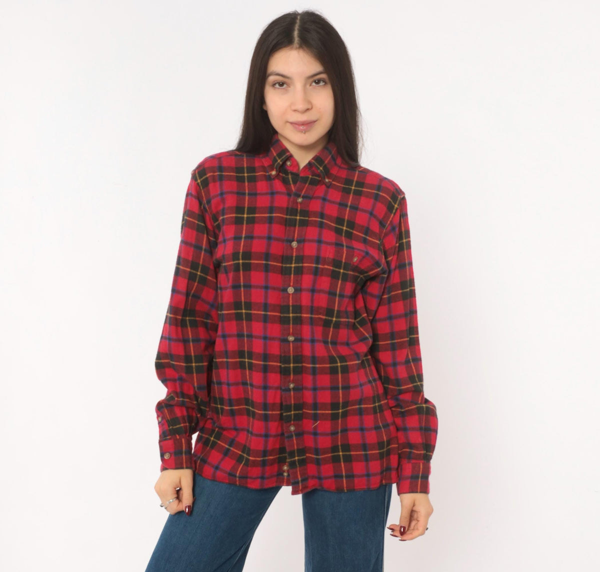 90s High Sierra Plaid Flannel Shirt Red Black Tartan Cotton Small