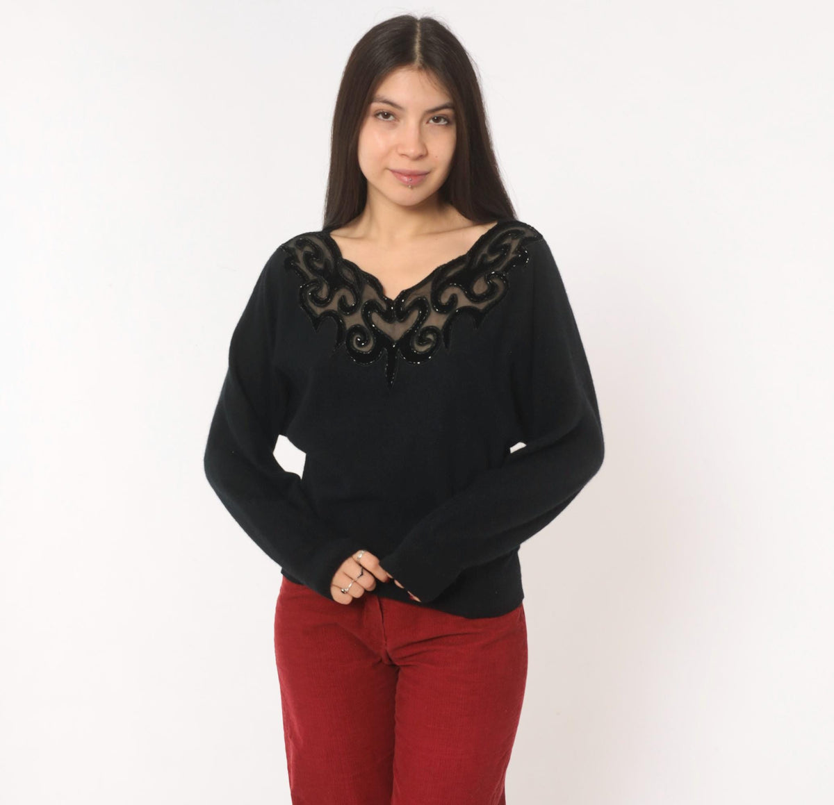 80s Sunbow 2 Black Beaded Mesh V-Neck Angora Pullover Dolman Sleeve Medium