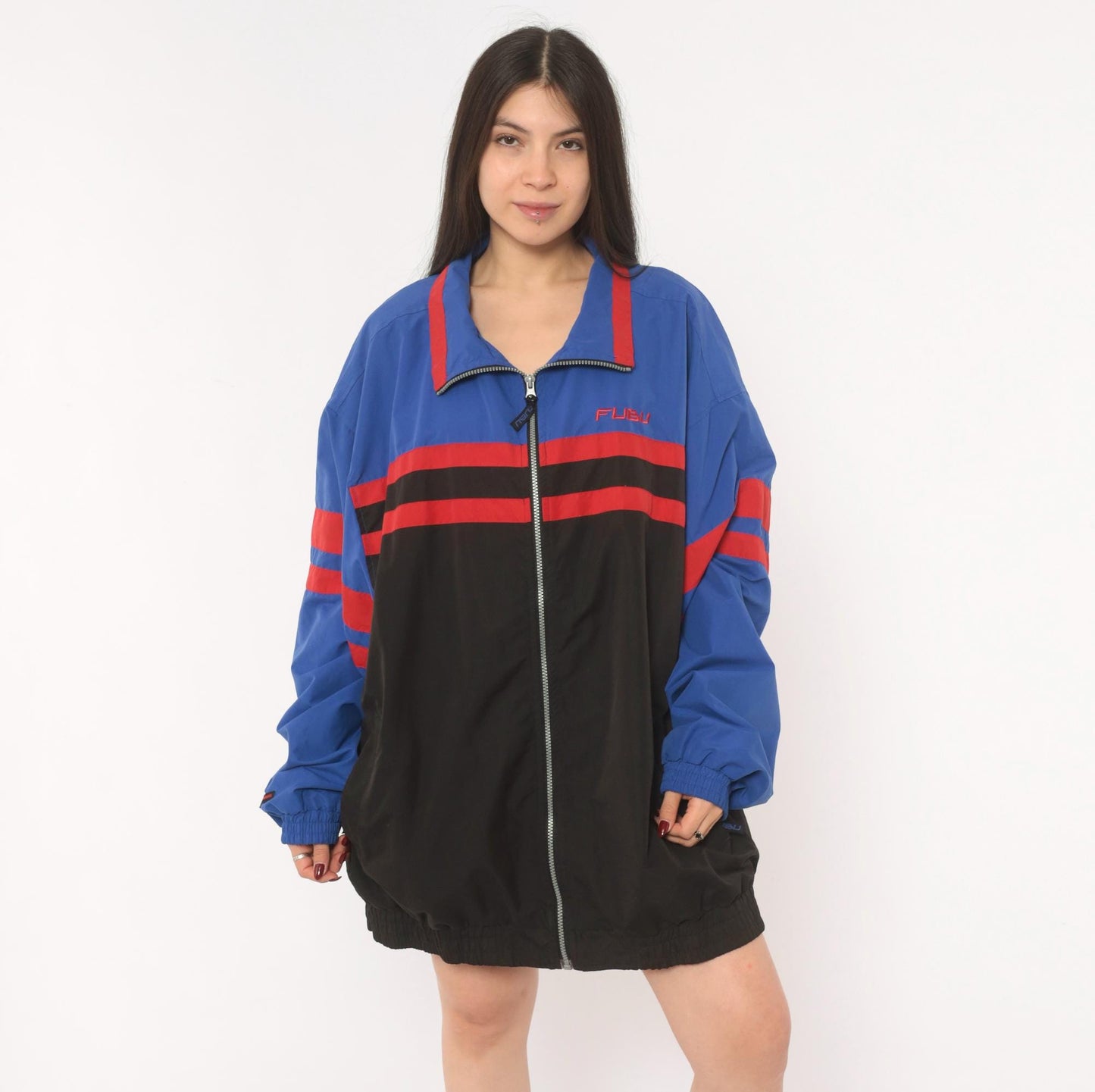 90s FUBU Sports Collection Windbreaker Royal Blue Black Red Colorblock Extra Large XL