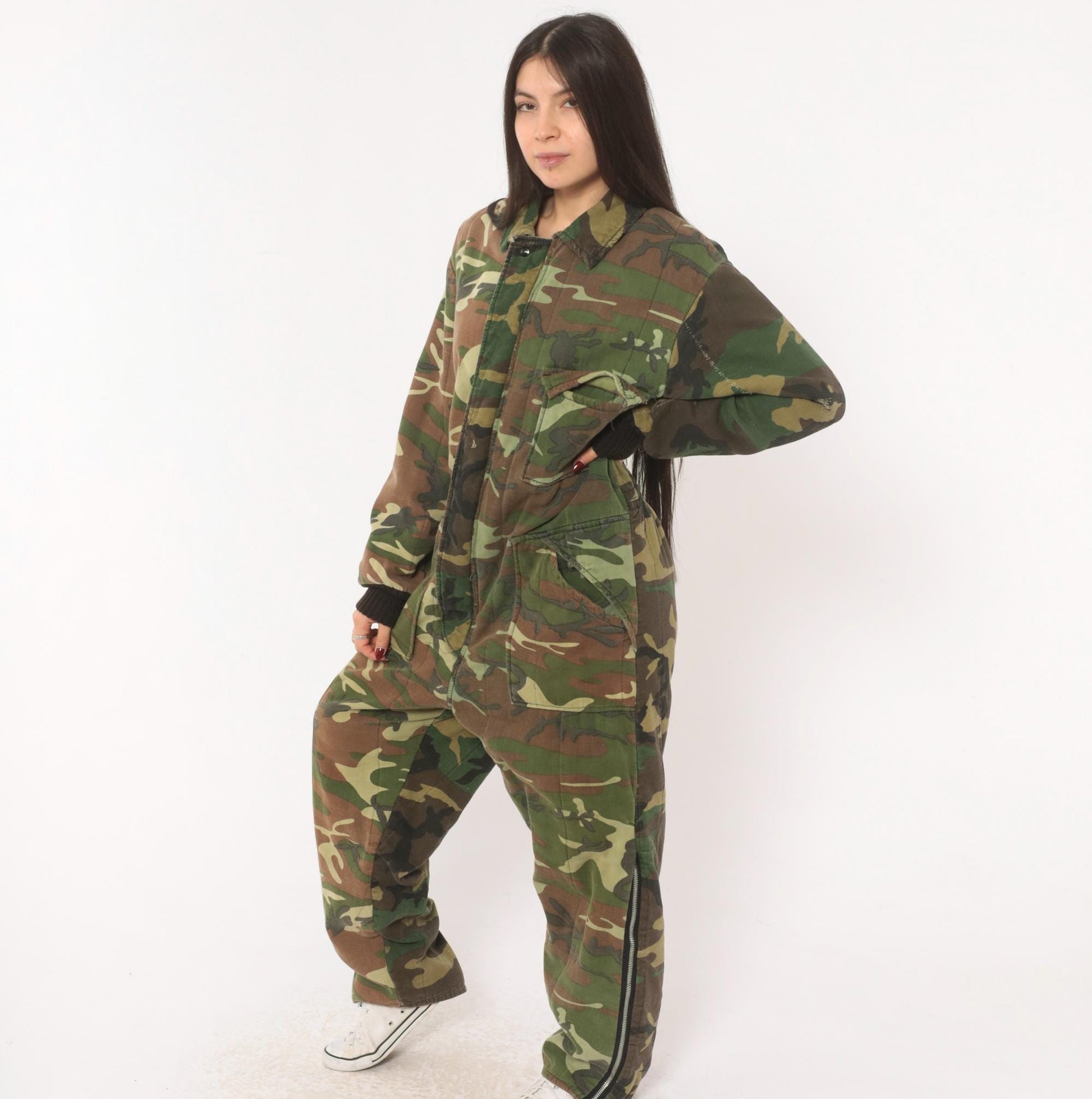 90s Woodland Camouflage Coveralls Zip Front Jumpsuit One Piece Medium