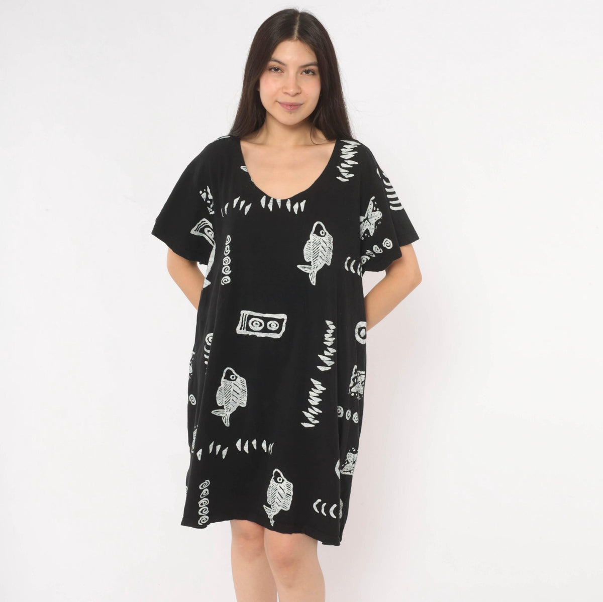 Y2K Fish Print Shift Dress Black White Cotton Marine Graphic Medium Large