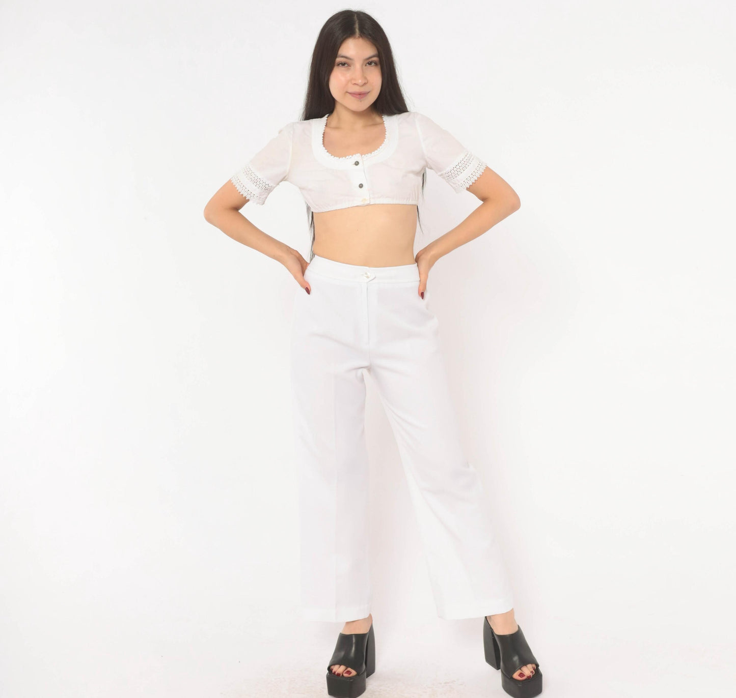 70s White Wide Leg High Rise Trousers Ivory Straight Pressed Crease Small