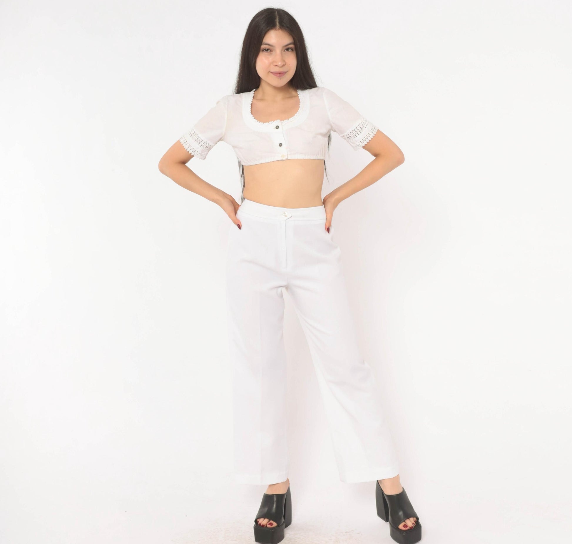 70s White Wide Leg High Rise Trousers Ivory Straight Pressed Crease Small