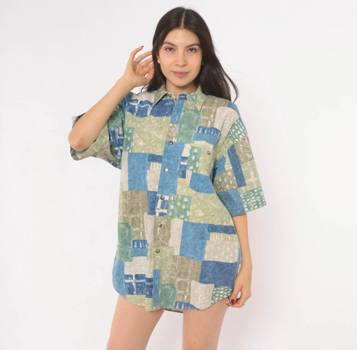 90s Marc Daniels Patchwork Print Button Shirt Cotton Geometric Blue Sage Medium