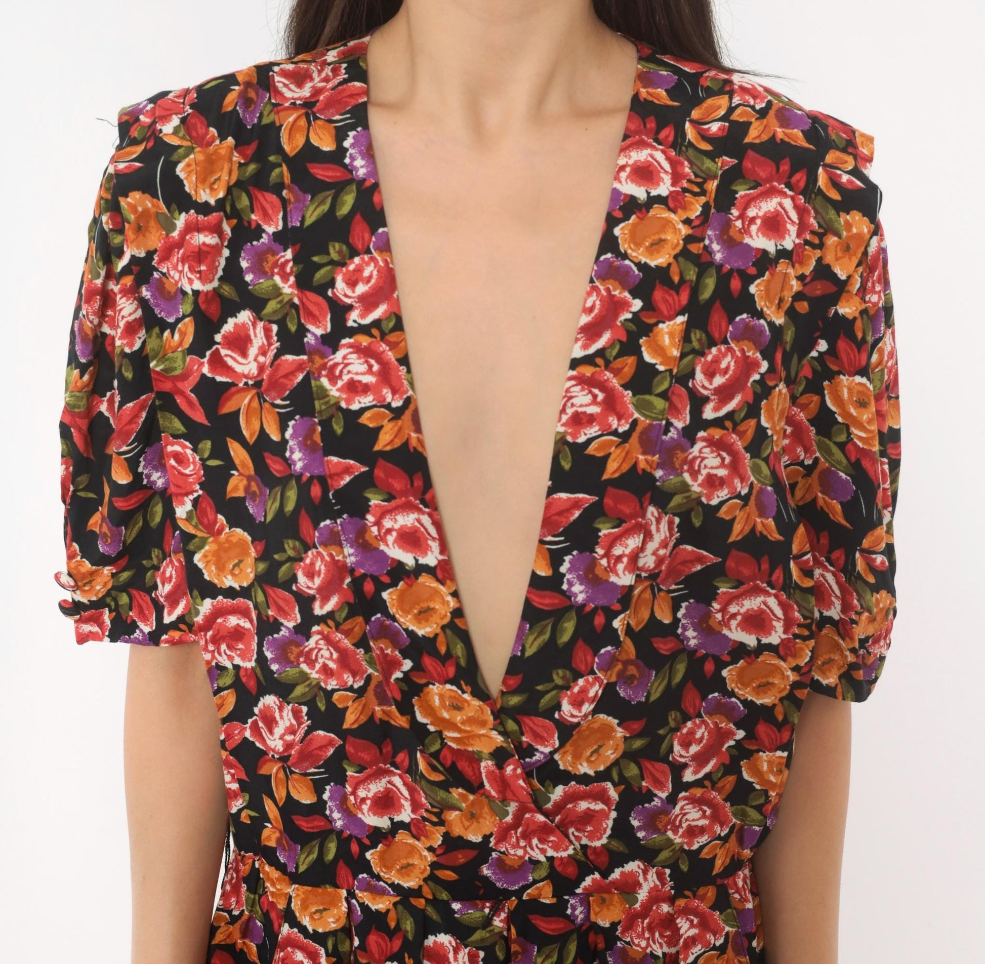 90s R.J. Stevens Floral Wrap Dress Deep V Midi Black Rose Print Large