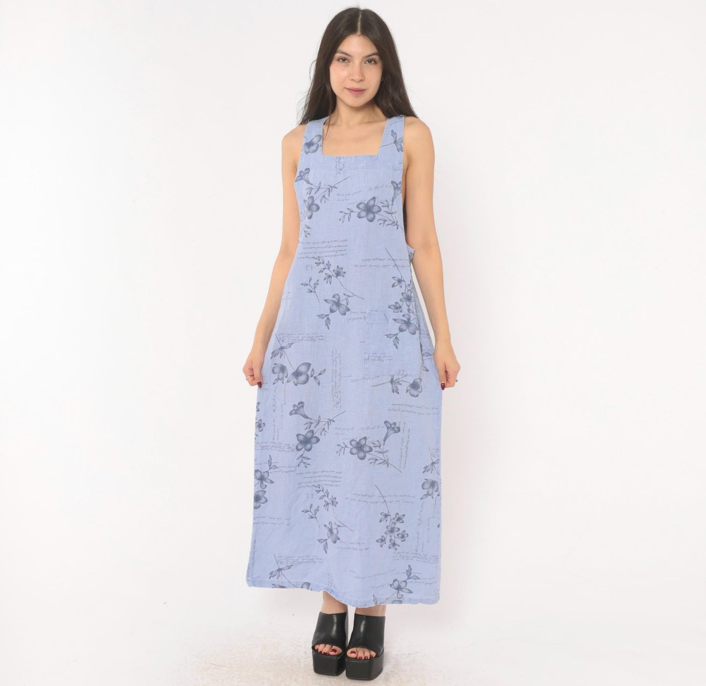 2000s Sweet Jessie Periwinkle Linen Maxi Dress Botanical Print Square Neck Medium M