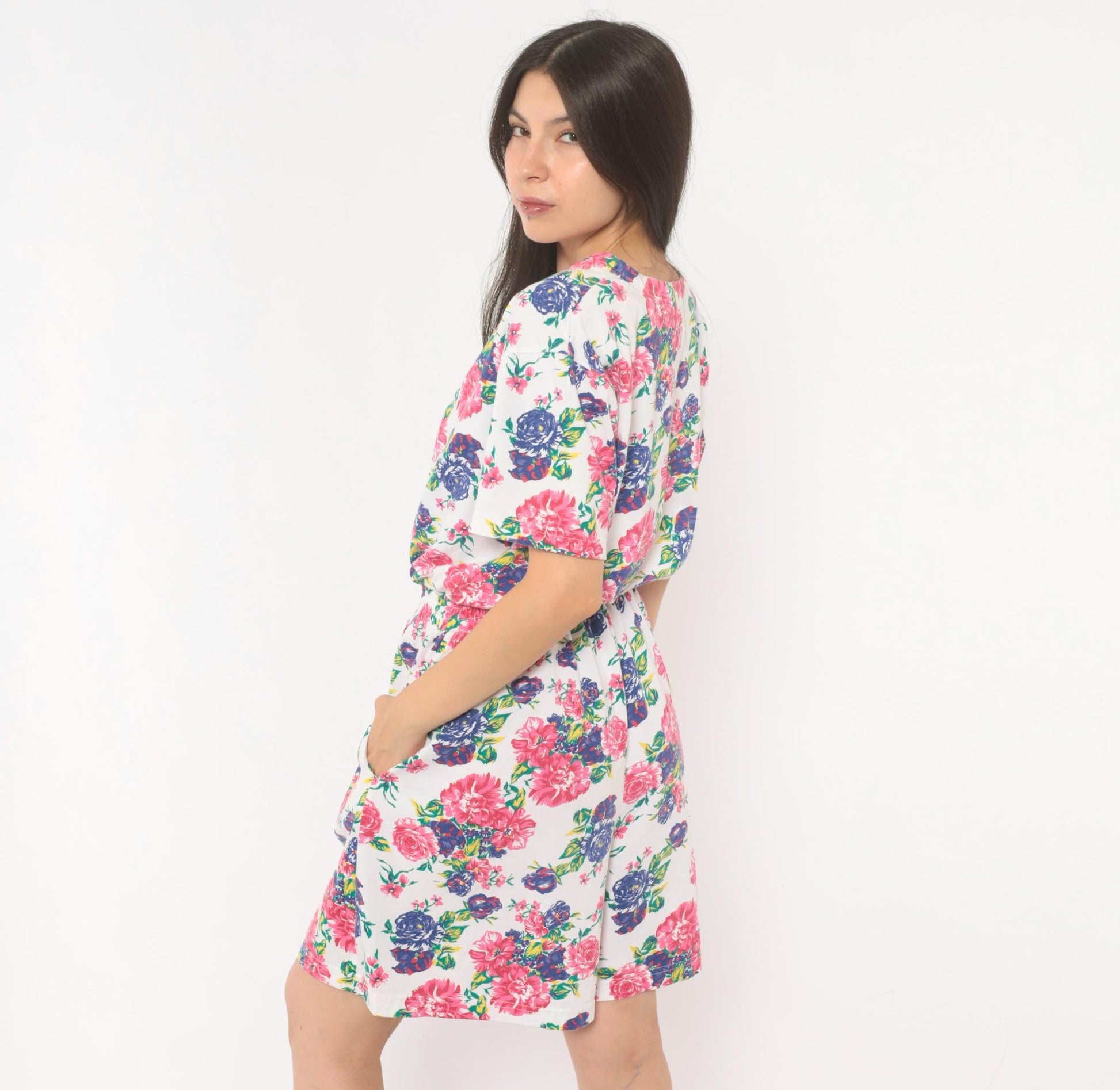 90s Jason Maxwell Floral Romper White Pink Rose Print Cotton Playsuit Medium