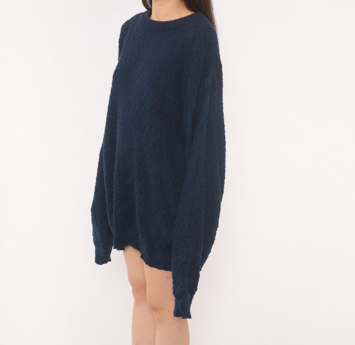 90s Van Heusen Navy Cable Knit Sweater Cotton Crewneck Pullover Large L