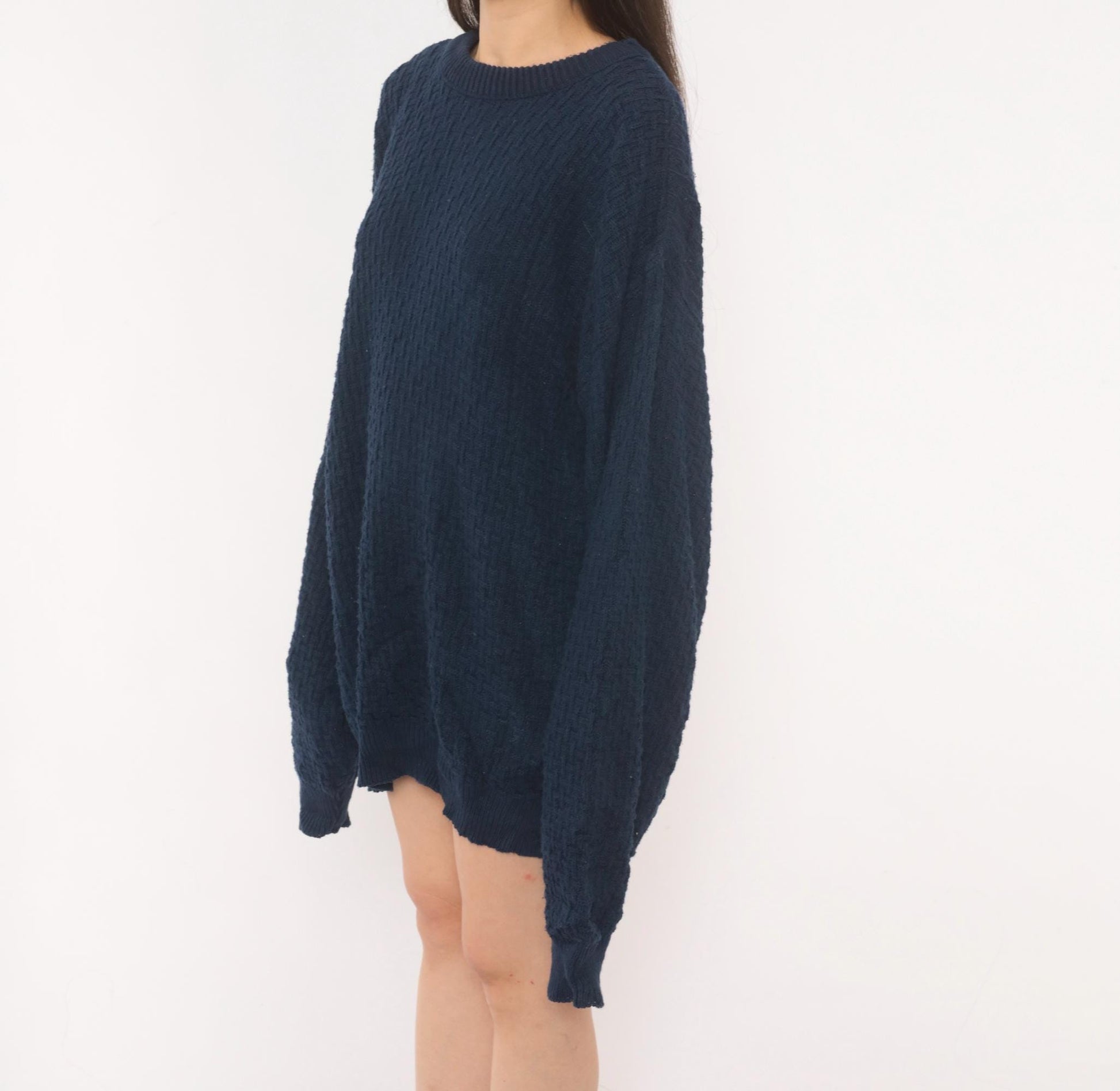 90s Van Heusen Navy Cable Knit Sweater Cotton Crewneck Pullover Large L
