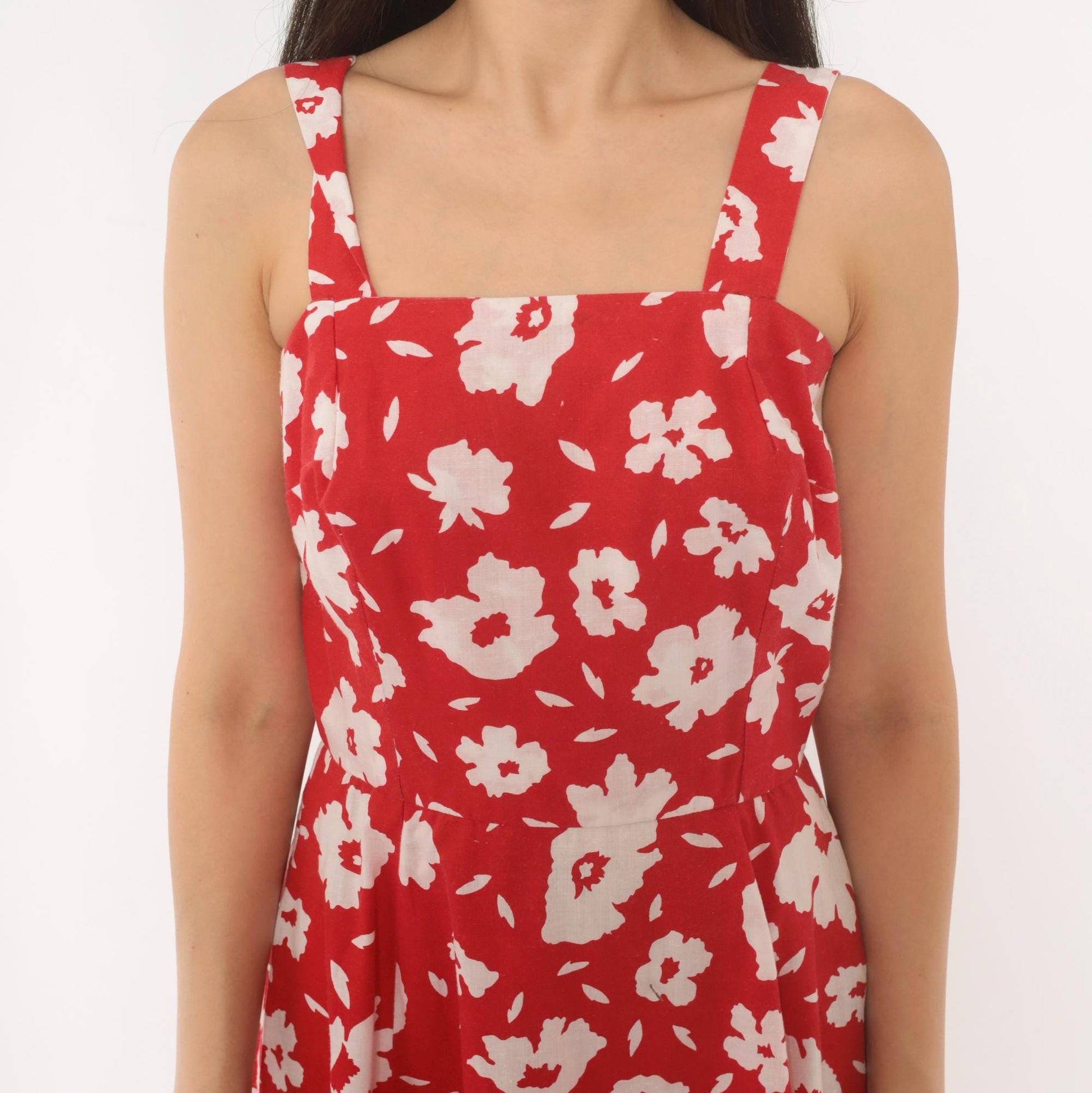 80s Red Floral Cotton Sundress White Square Neck A-Line Knee Length Extra Small XS