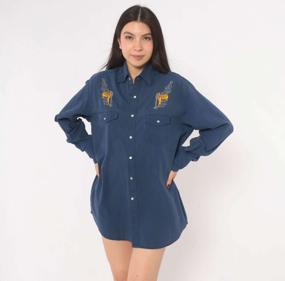 90s Blair Western Shirt Navy Pearl Snap Embroidered Saddle Mens Medium