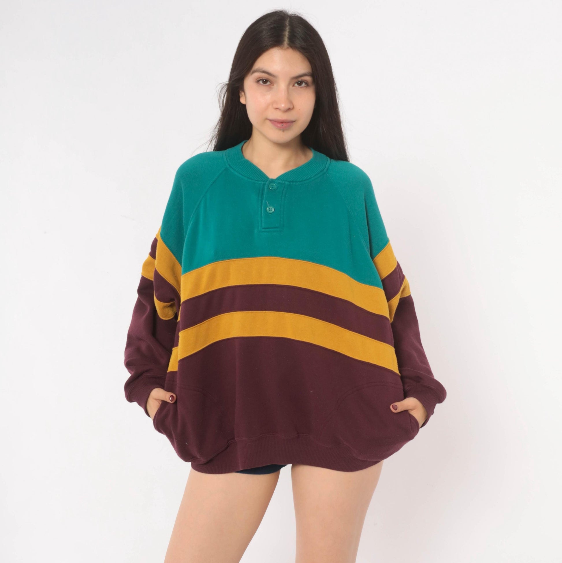 90s Prides Landing Color Block Henley Sweatshirt Teal Burgundy Mustard Large L
