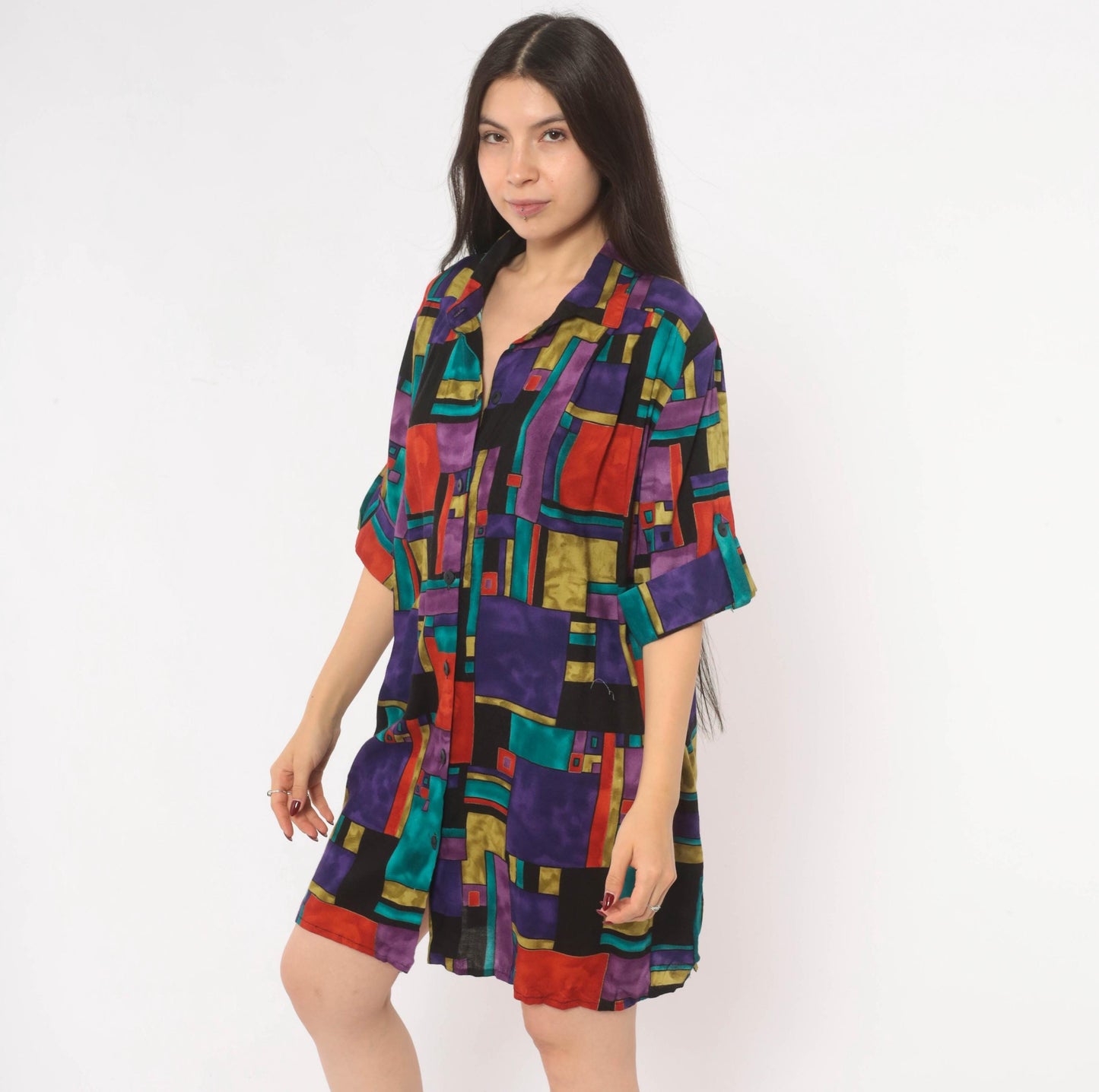 90s A Personal Touch Color Block Abstract Shirt Purple Teal Red Gold Extra Large XL
