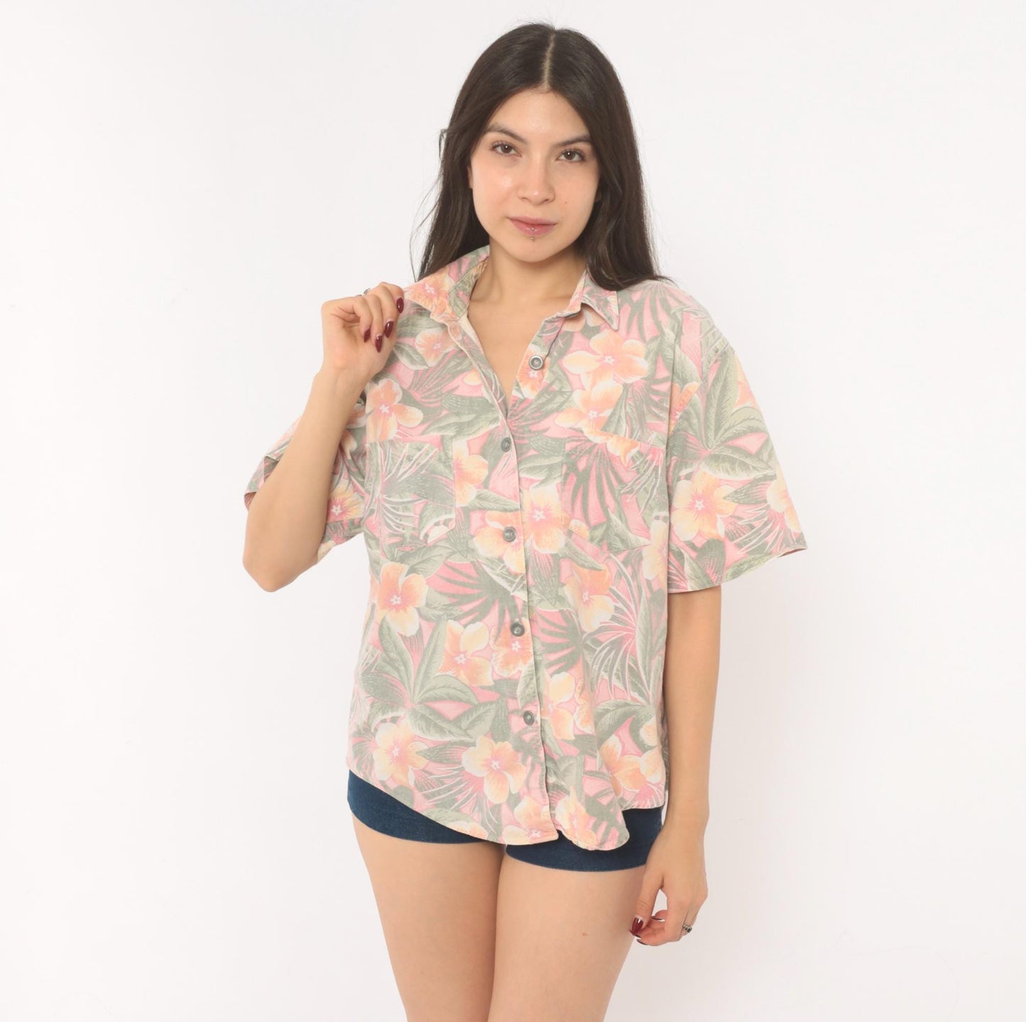 90s Essentials Sport Hawaiian Shirt Pink Coral Floral Camp Collar Cotton Large L