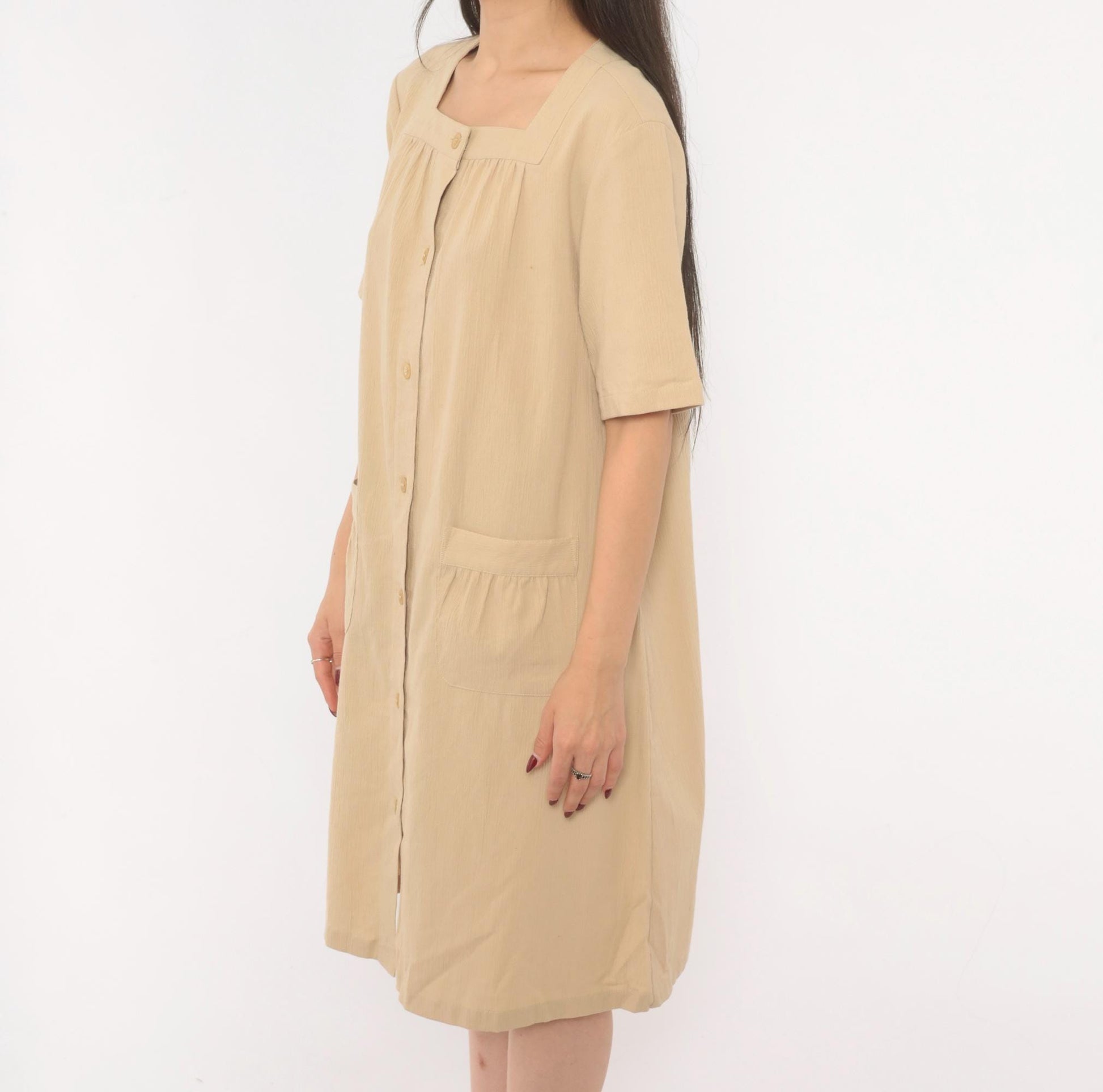 2000s The Tog Shop Petites Button Front Shift Dress Tan Square Neck Medium